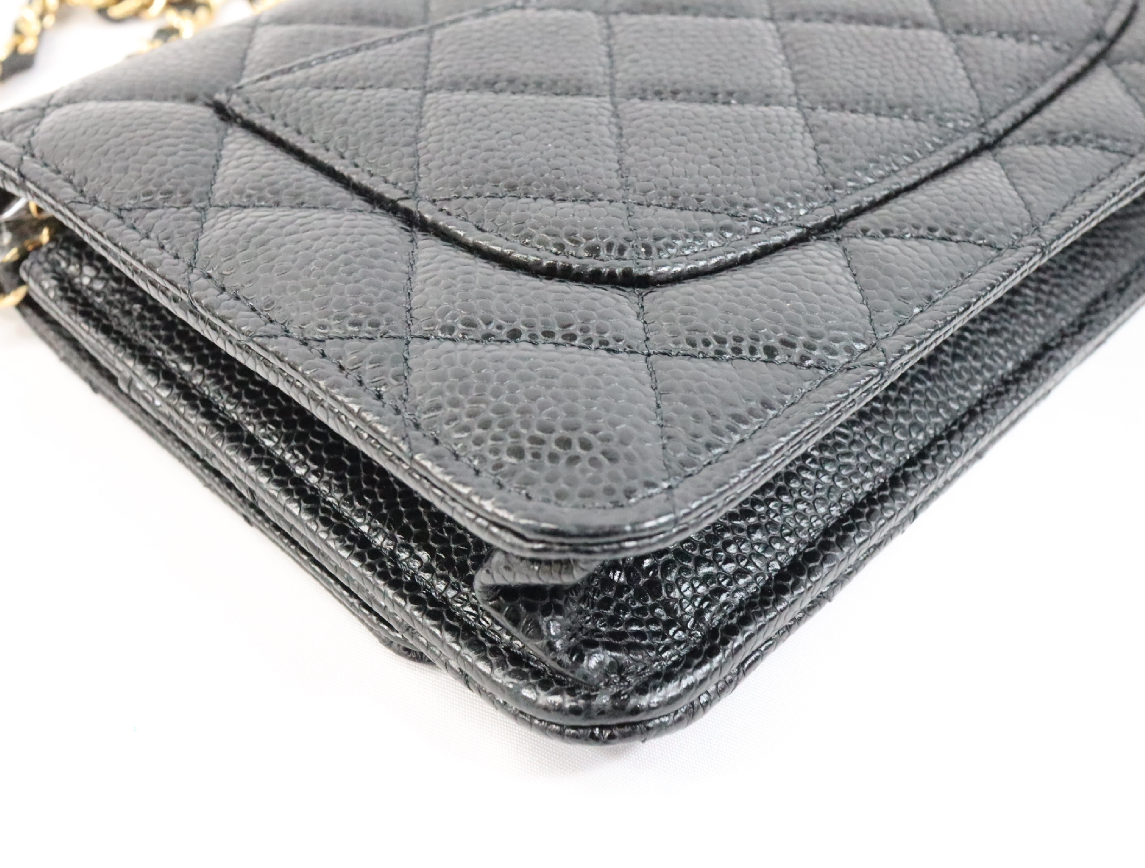 Matelassé Caviar Skin Chain Wallet, Black with Gold Hardware, Random Plate Design, AP0250 Shoulder Bag — view 9