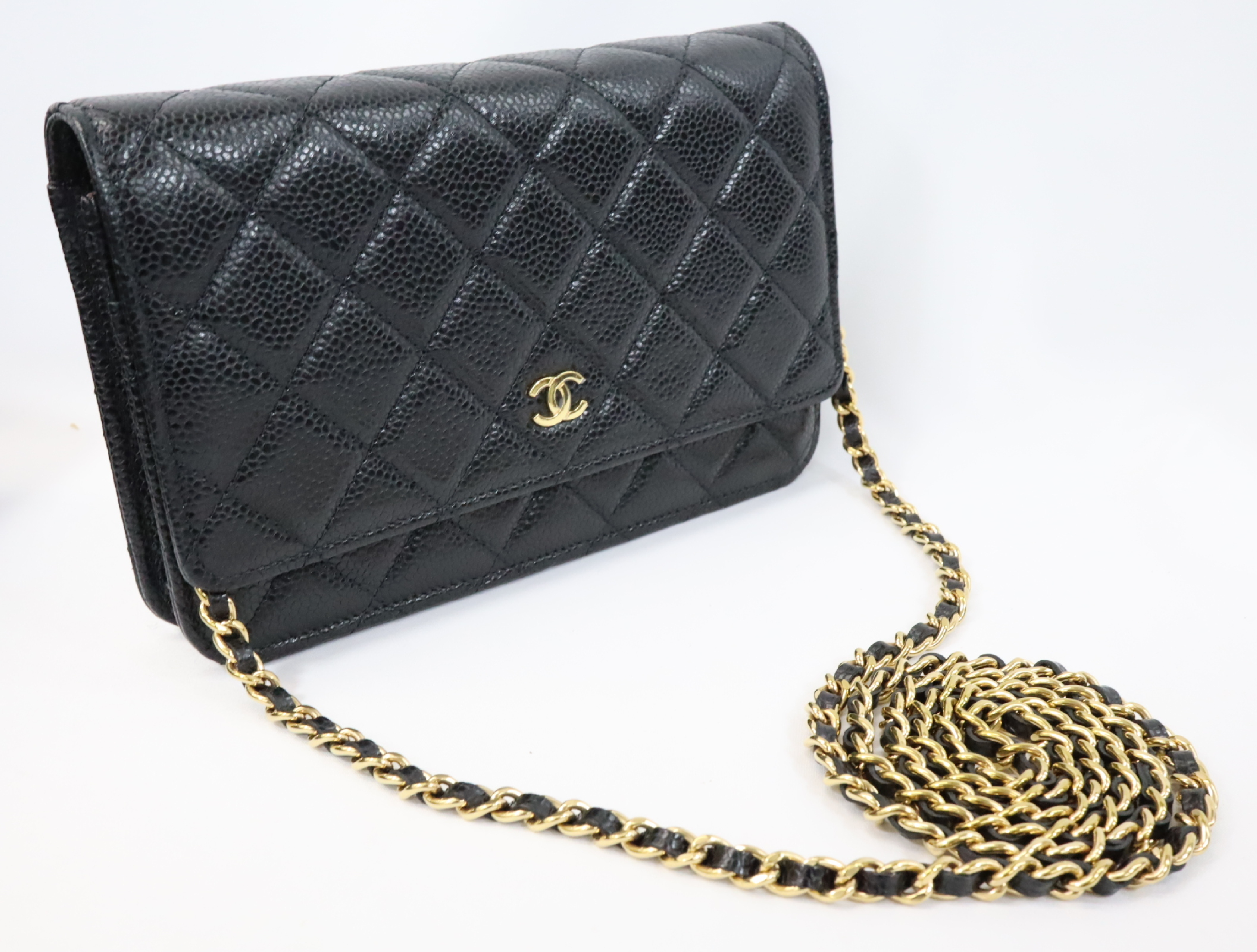 Matelassé Caviar Skin Chain Wallet, Black with Gold Hardware, Random Plate Design, AP0250 Shoulder Bag — view 10