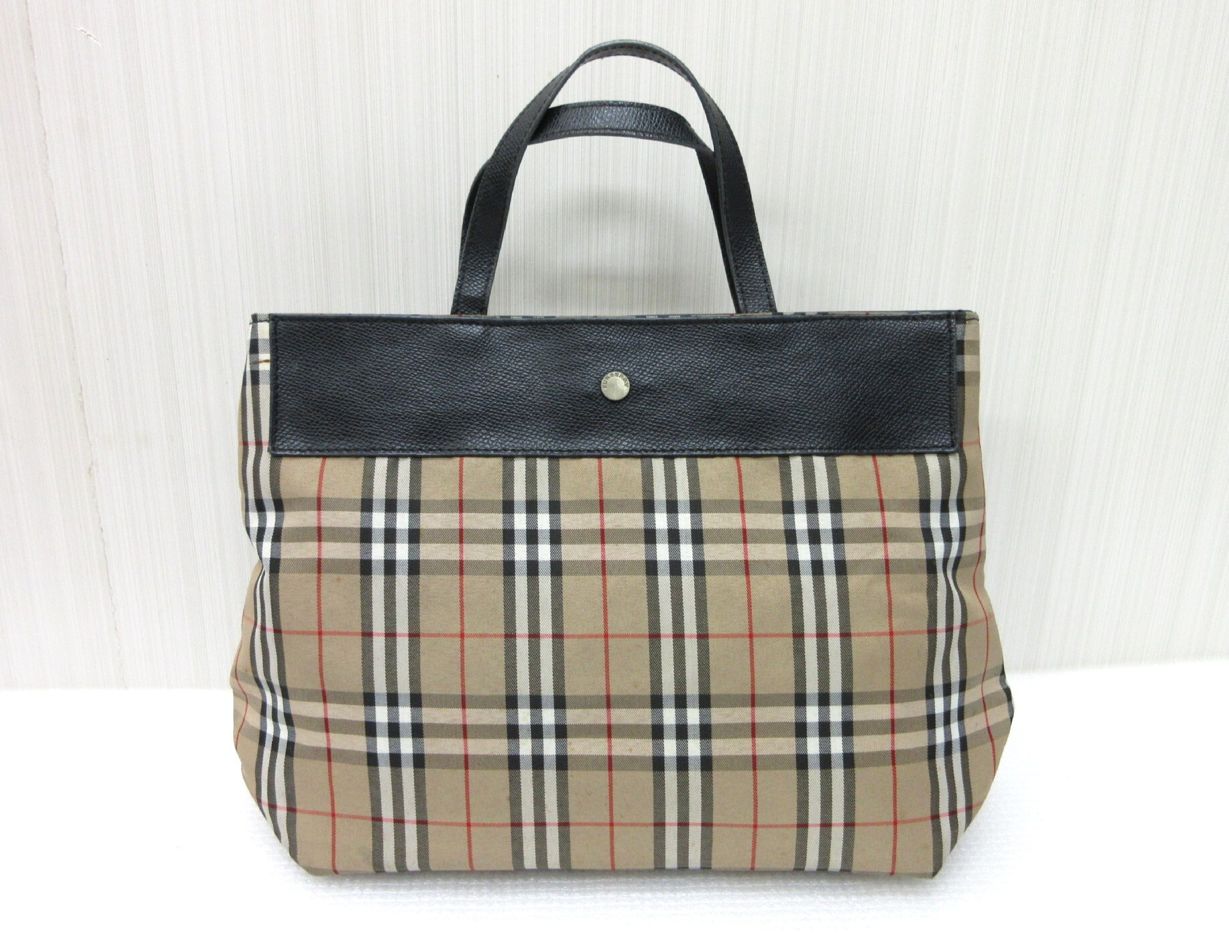 Check Nylon Leather Handbag Tote Bag