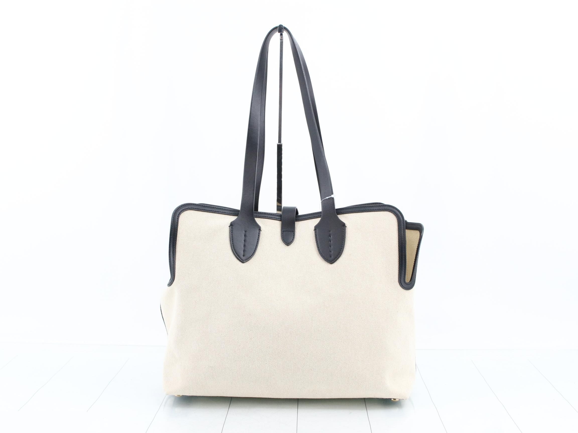 Canvas/Leather Horseferry Tote Bag, Beige/Black — view 2