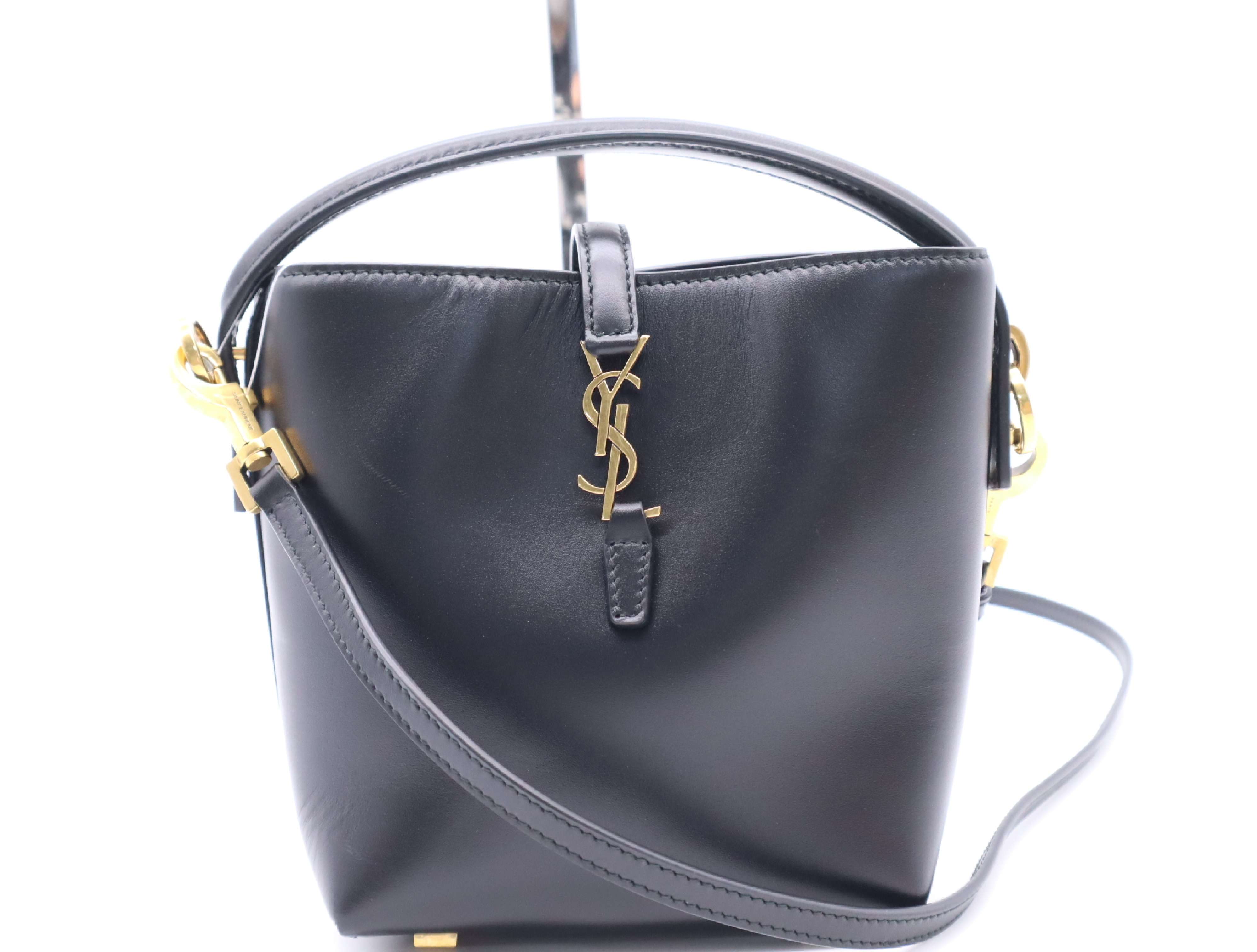 765870.0824 Leather YSL Logo Bucket Bag Black Gold Hardware Shoulder Bag
