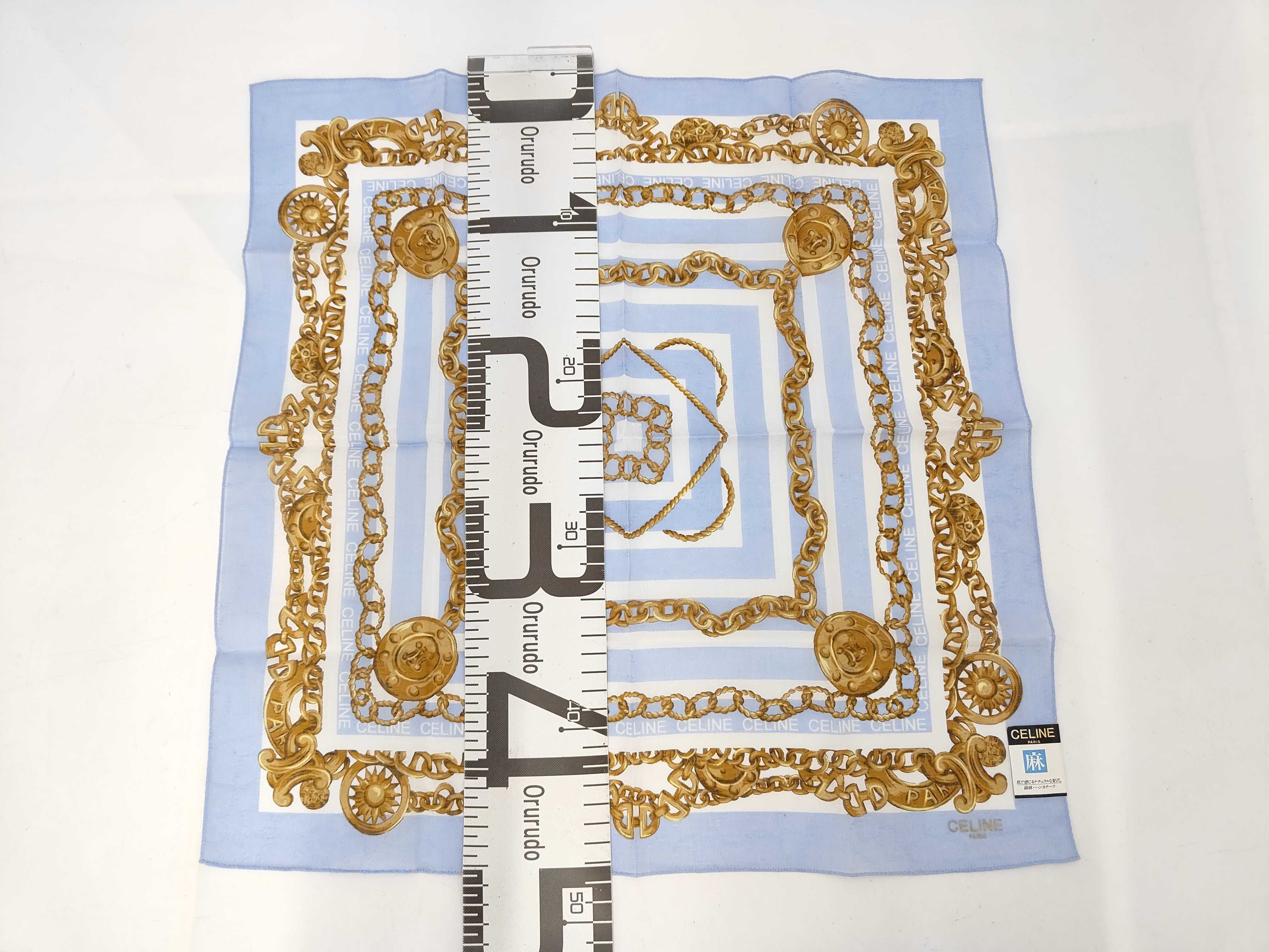 handkerchief scarf with sticker, linen blend, macadam chain, coin, and other accessories. — view 2