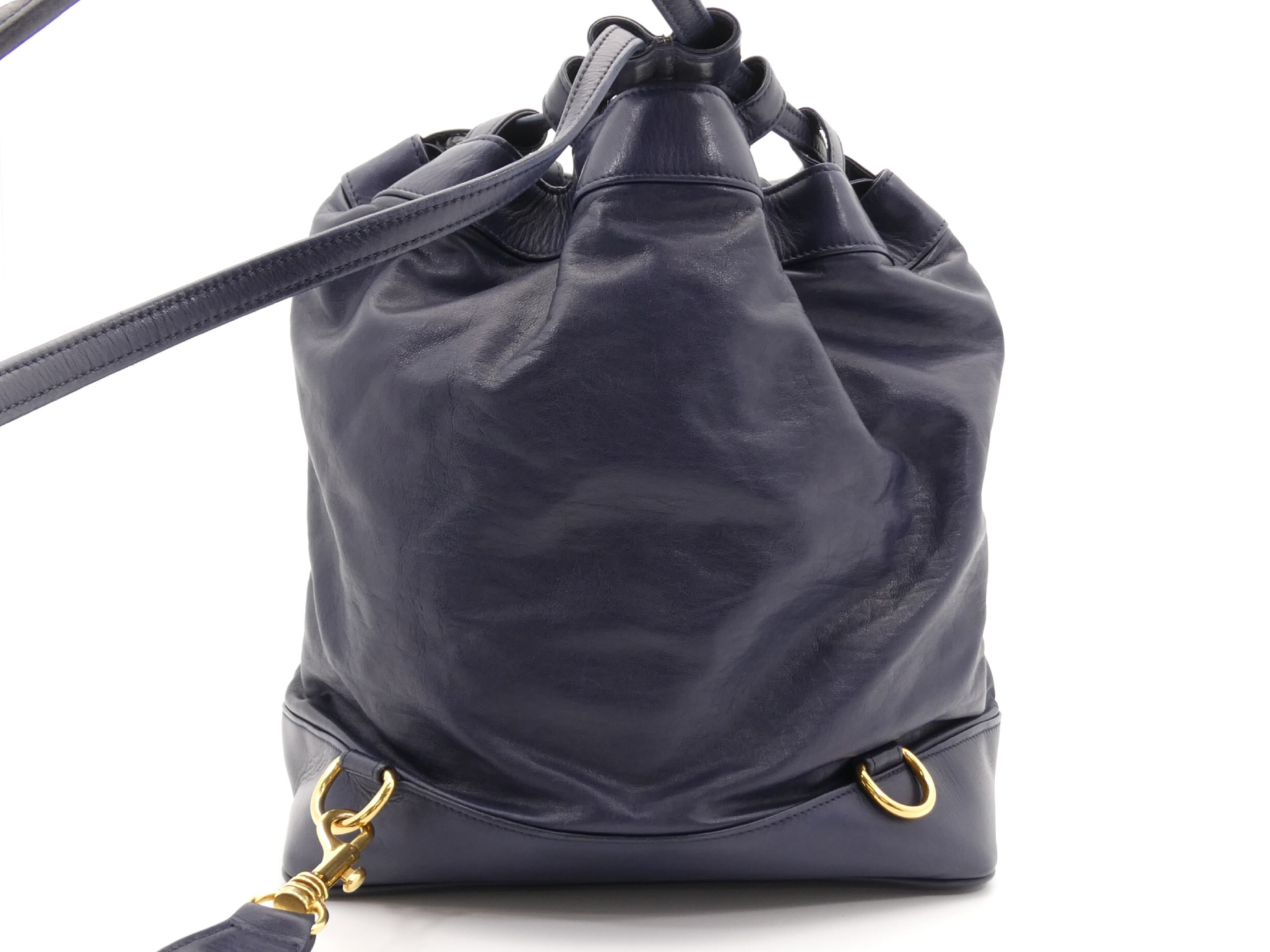 Large Coco Mark Studded Leather Drawstring One-Shoulder Bag, Navy — view 2