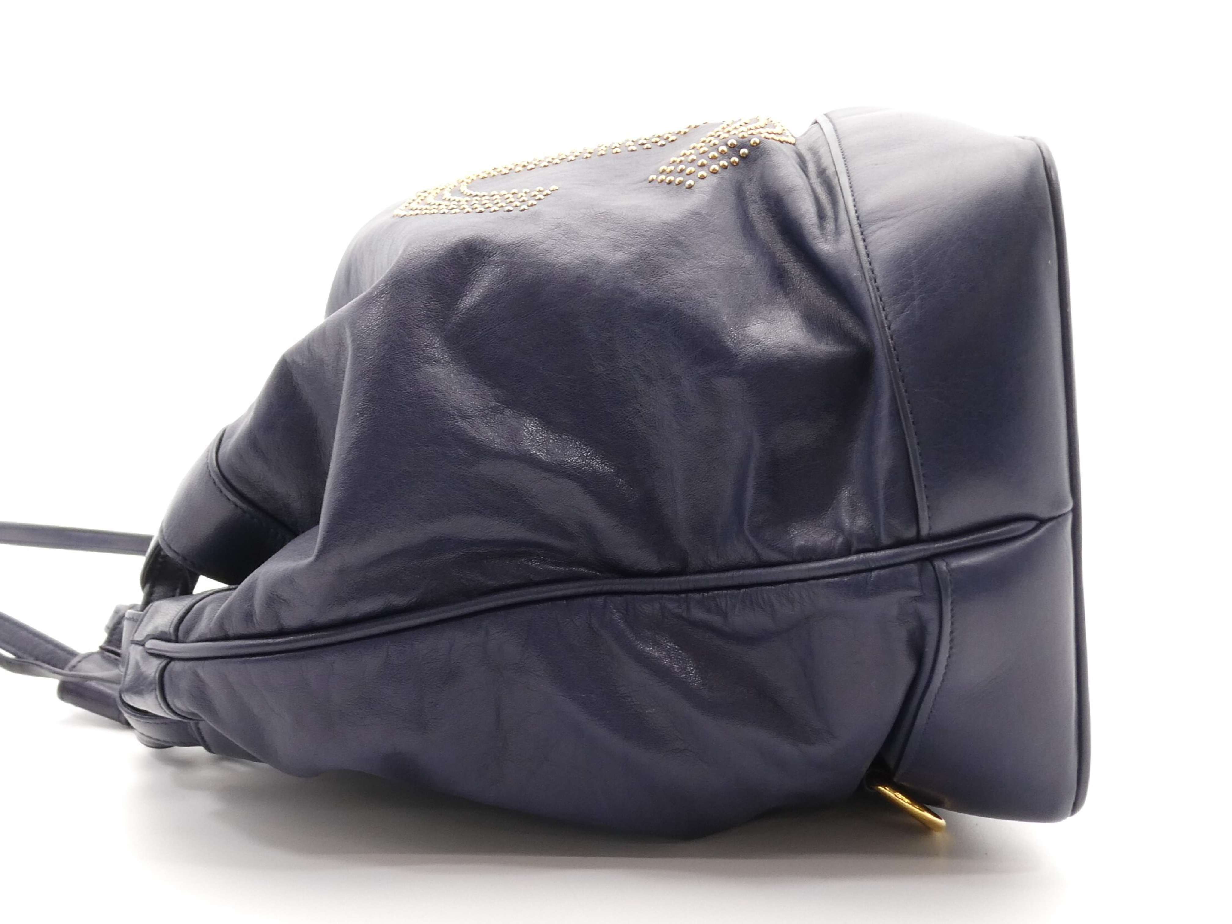Large Coco Mark Studded Leather Drawstring One-Shoulder Bag, Navy — view 3