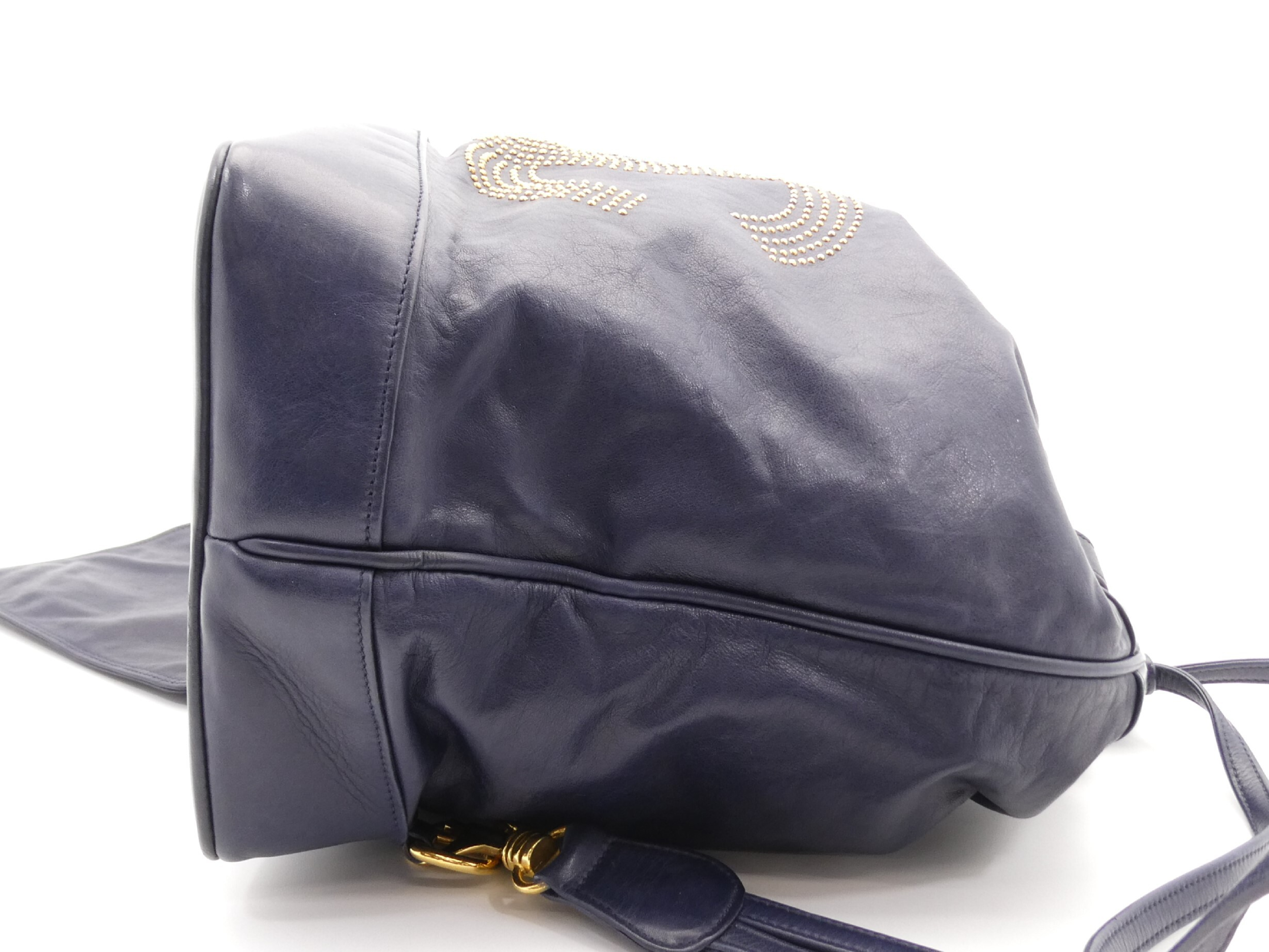 Large Coco Mark Studded Leather Drawstring One-Shoulder Bag, Navy — view 4