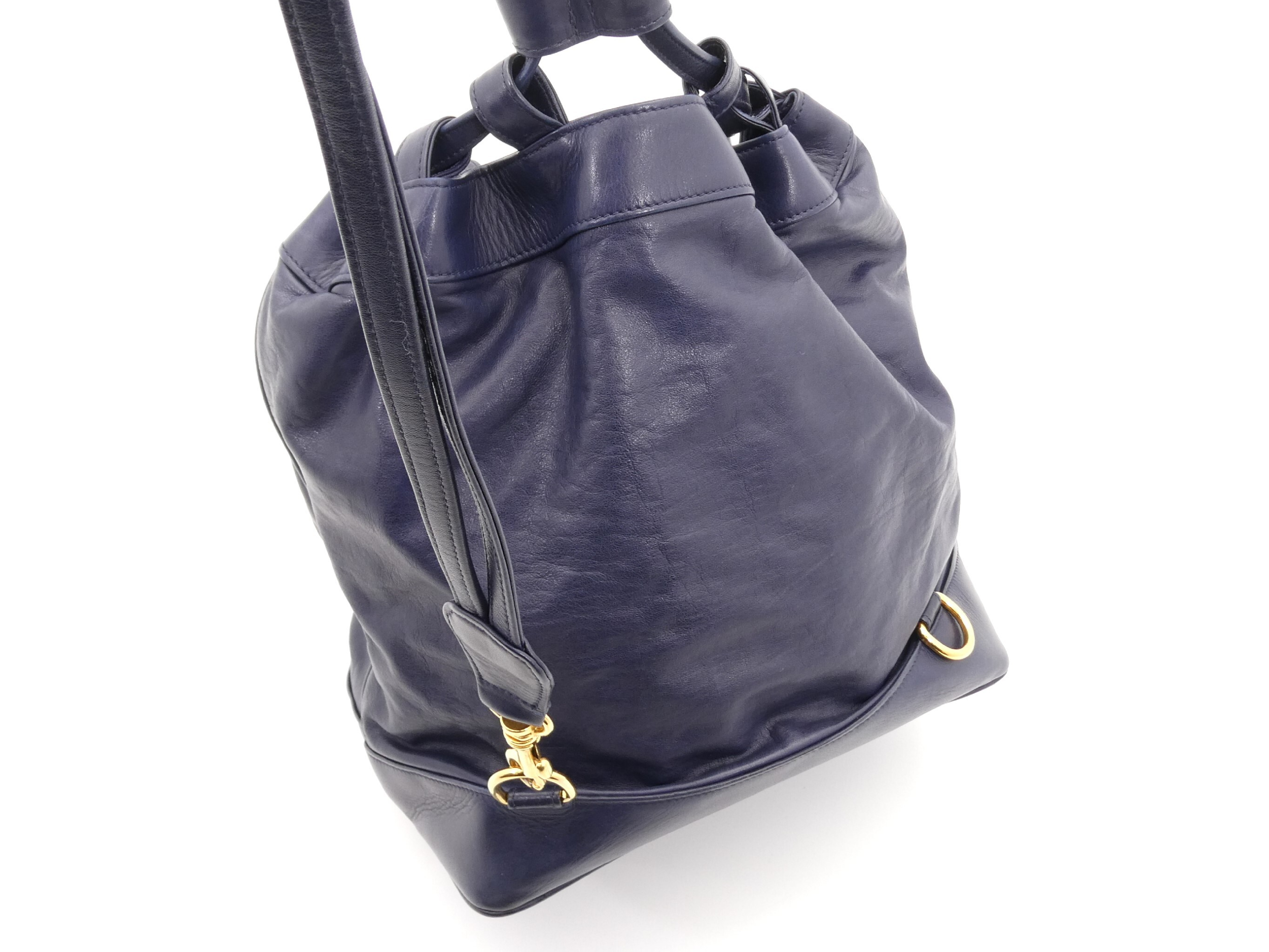 Large Coco Mark Studded Leather Drawstring One-Shoulder Bag, Navy — view 6