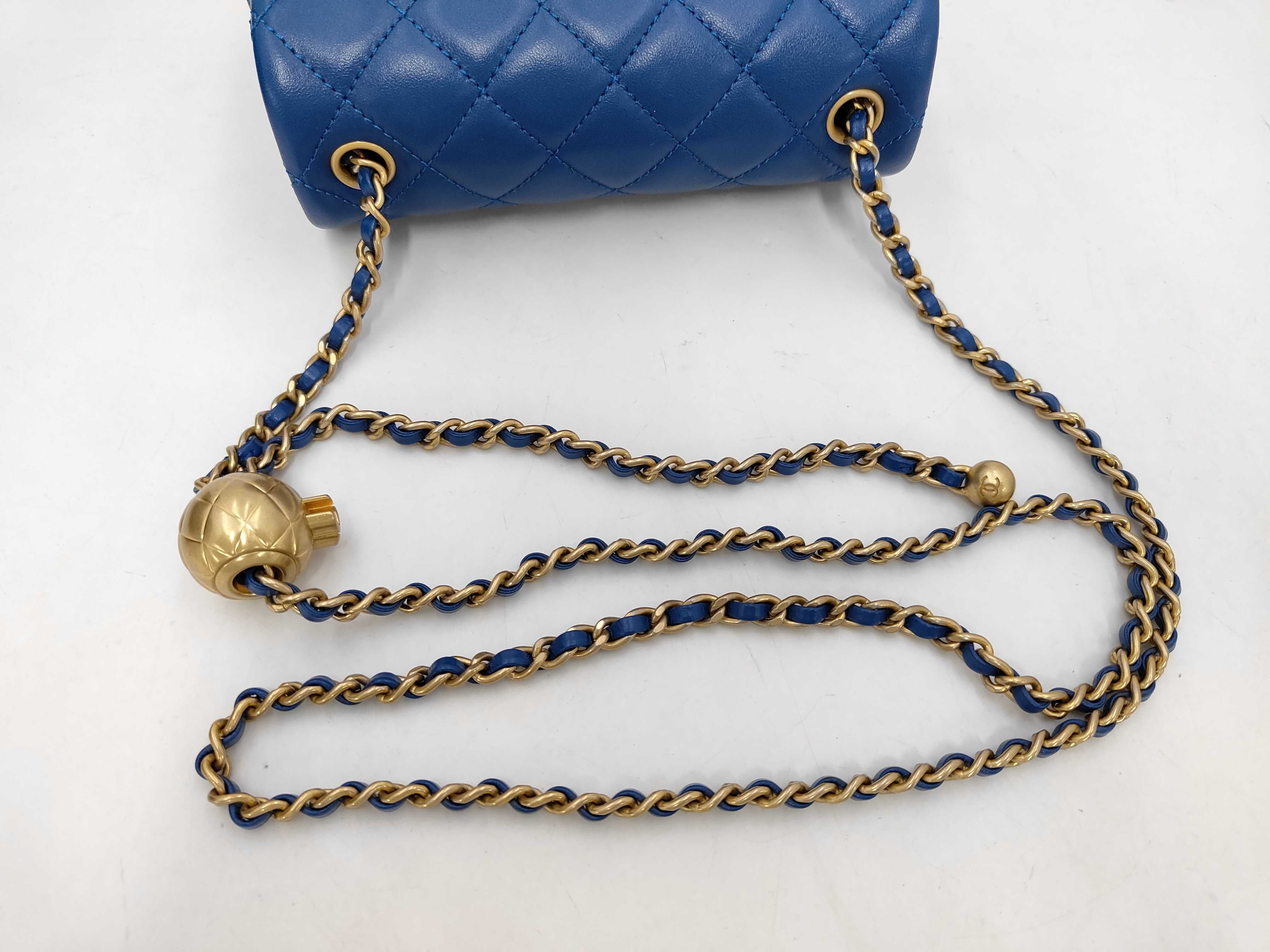 Mini Matelassé Coco Ball Chain Shoulder Bag, Lambskin, Blue, Gold Hardware. — view 5