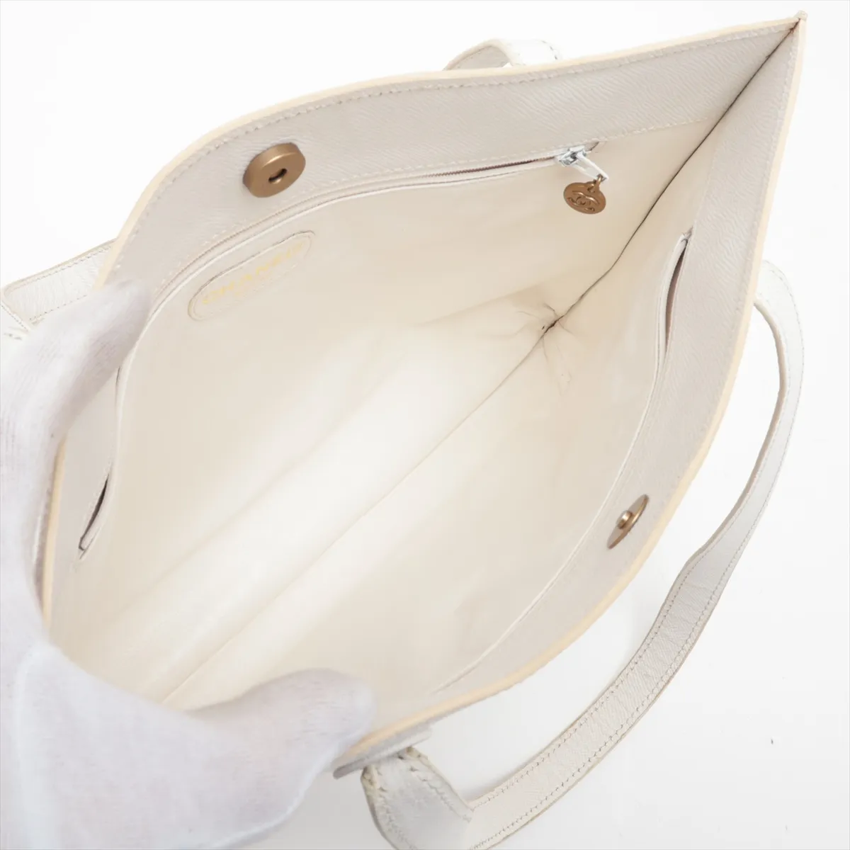 Logo Caviar Skin Tote Bag, White with Gold Hardware, 5580723, Series 5 — view 7
