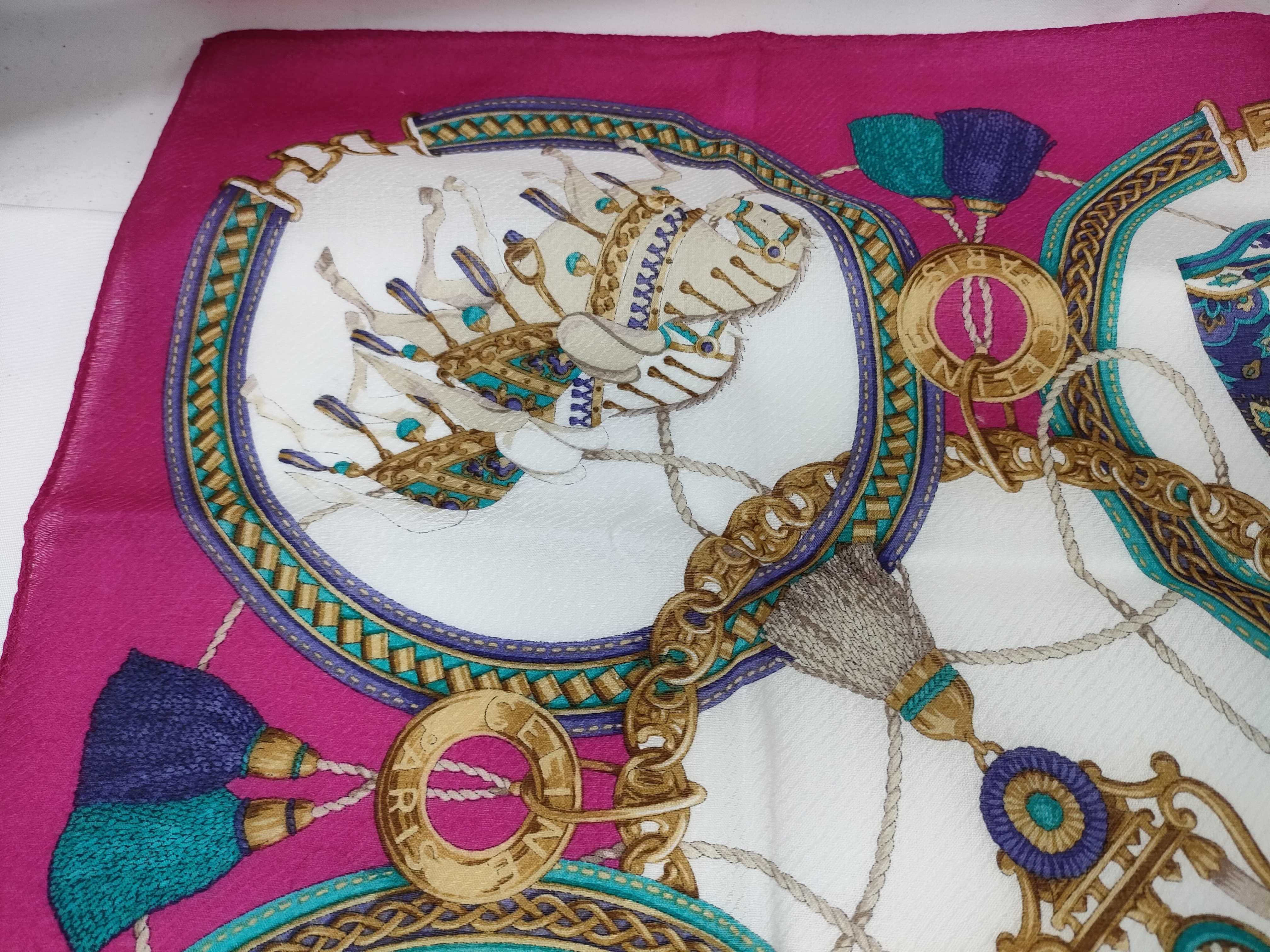 handkerchief scarf with carriage pattern, tassel, medallion, pink, and other accessories. — view 6
