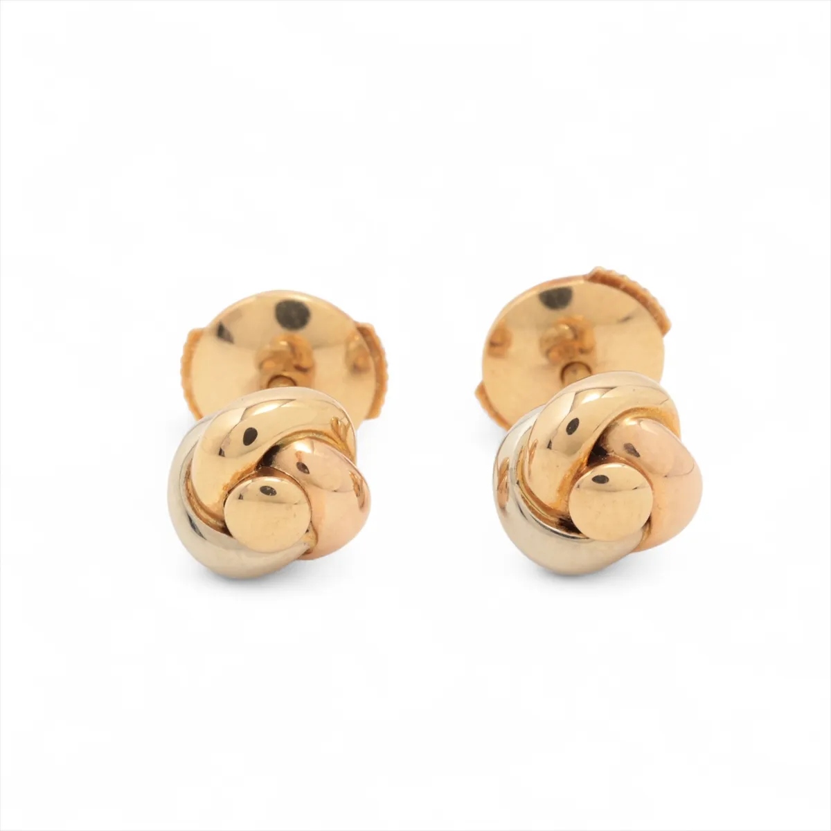Baby Trinity Earrings, 750 (Yellow Gold x Pink Gold x White Gold), 4.4g, E6092. Post slightly bent, engraving faded.