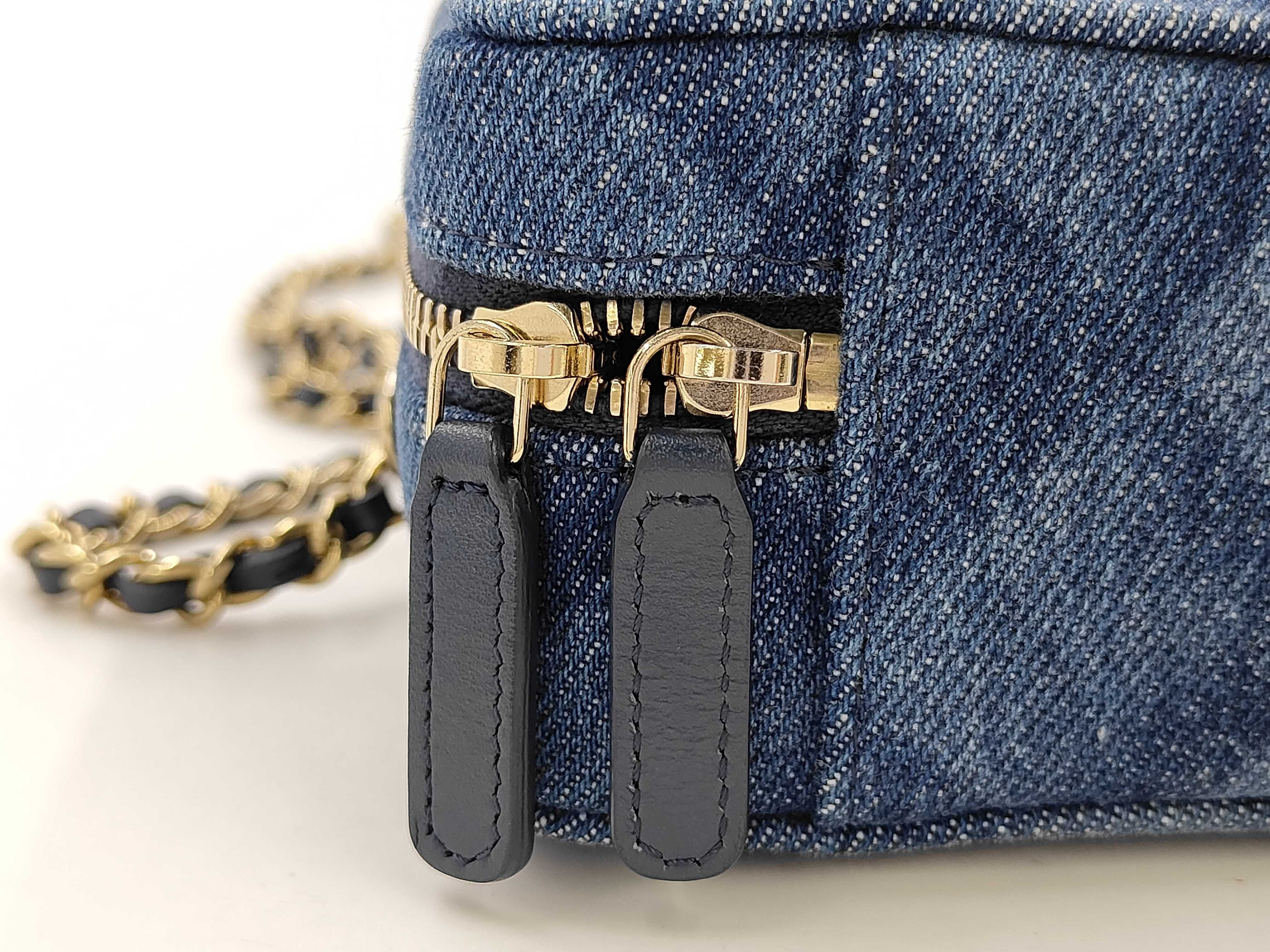 Blue Quilted Denim Gold Ball Vanity Case Shoulder Bag — view 8