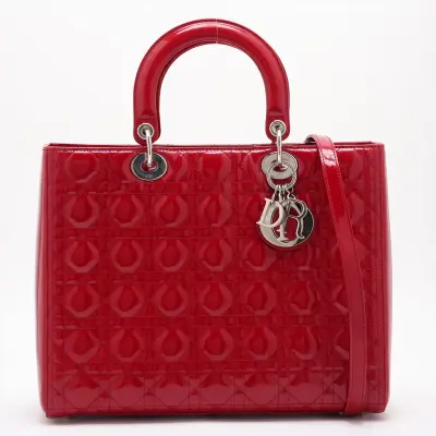 Lady Dior Cannage Large Patent Leather 2-Way Handbag, Red