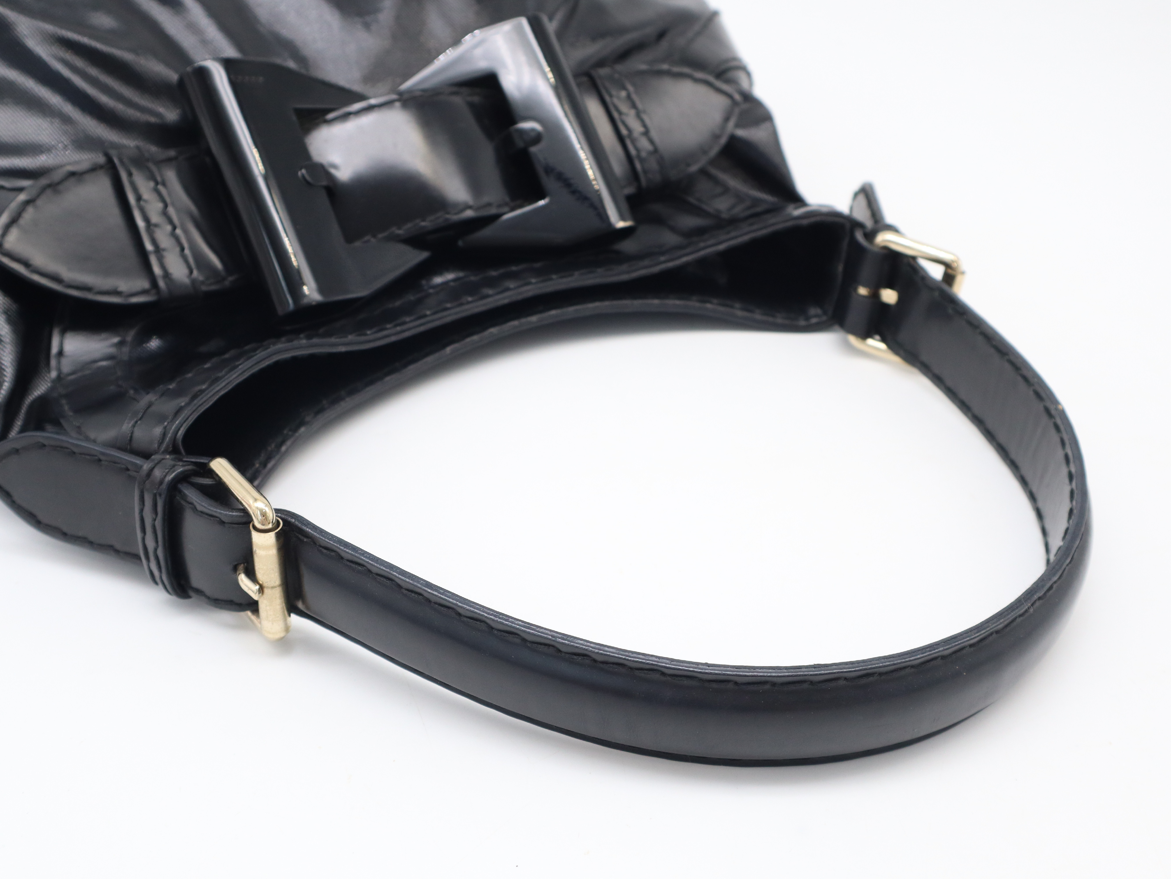 189885 Enamel Shoulder Bag with Ribbon, Black Shoulder Bag — view 6