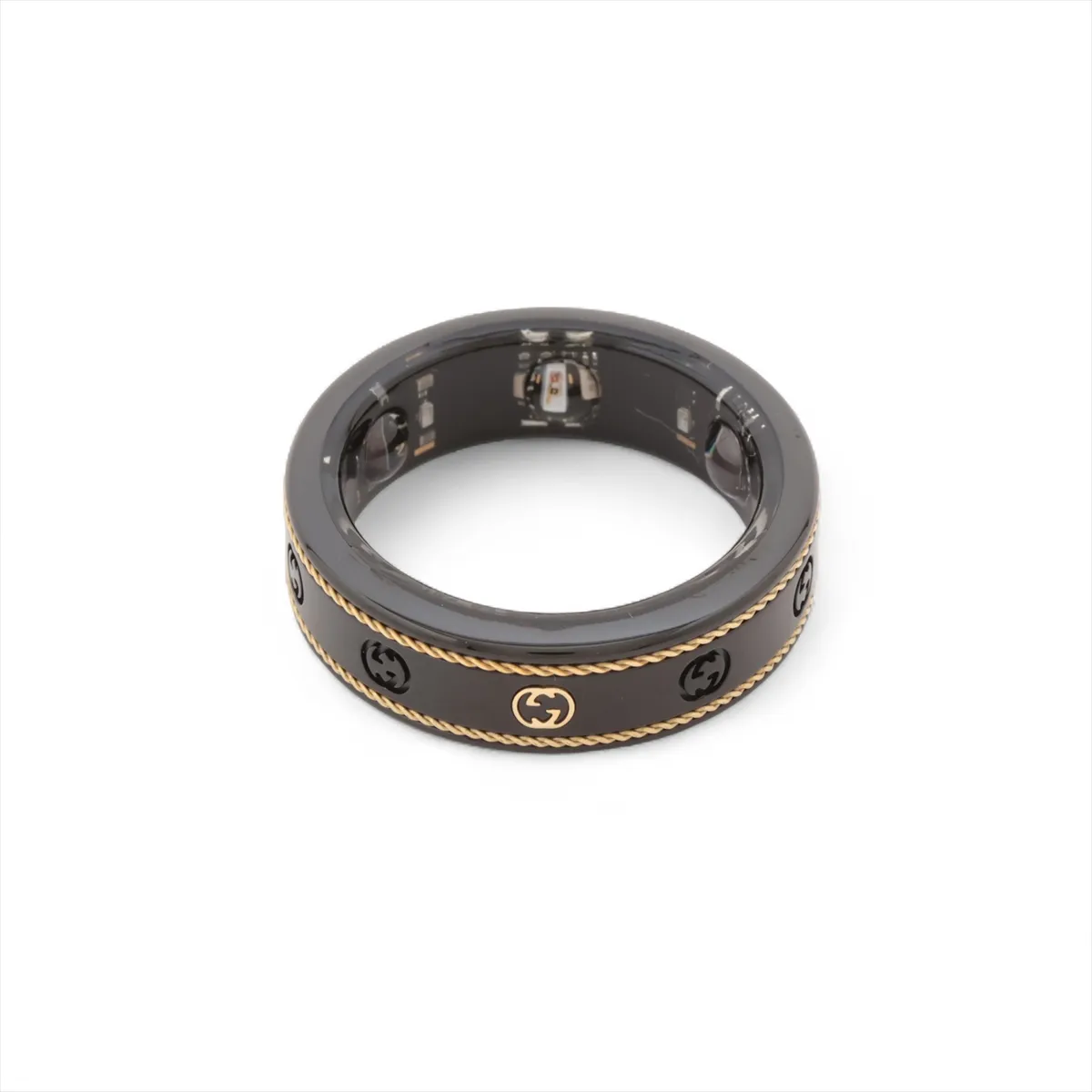 x Aura Interlocking G Ring, Size 12, Titanium, Black x Gold,