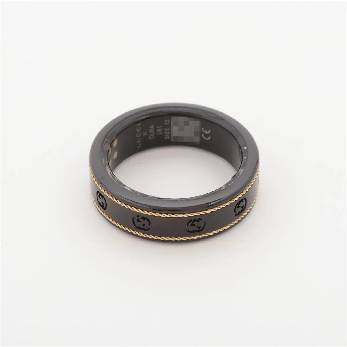x Aura Interlocking G Ring, Size 12, Titanium, Black x Gold, — view 2