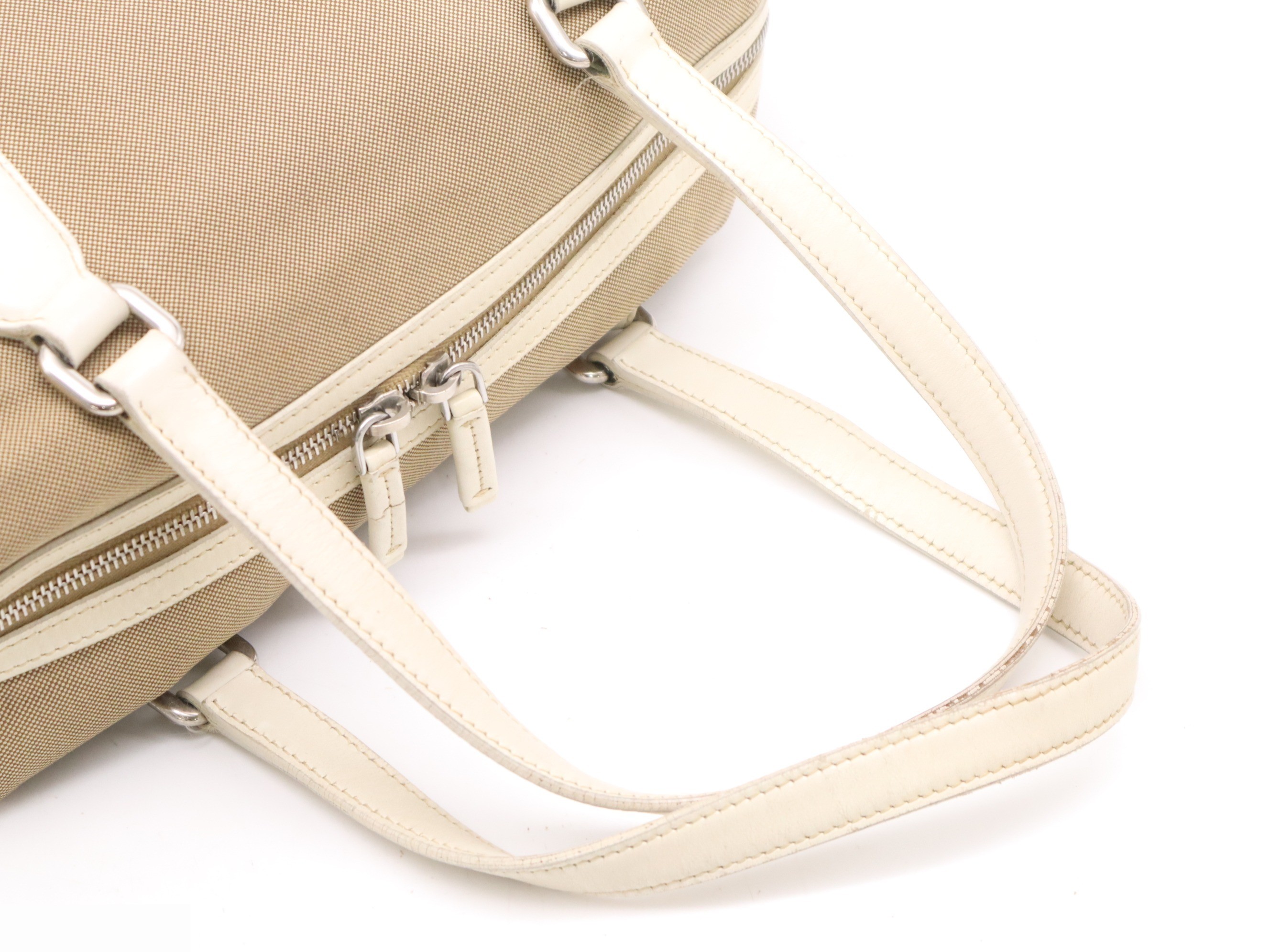 Canvas x leather logo jacquard tote bag beige SV metal fittings — view 6