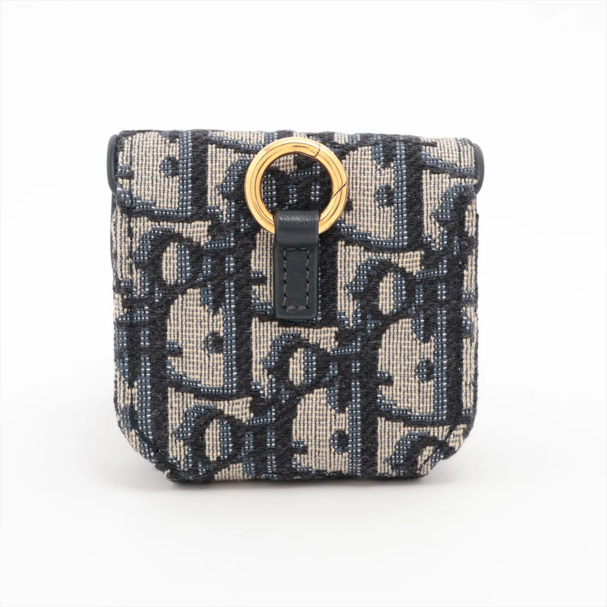 Embossed Oblique Saddle Canvas x Leather Earphone Case, Blue — view 2