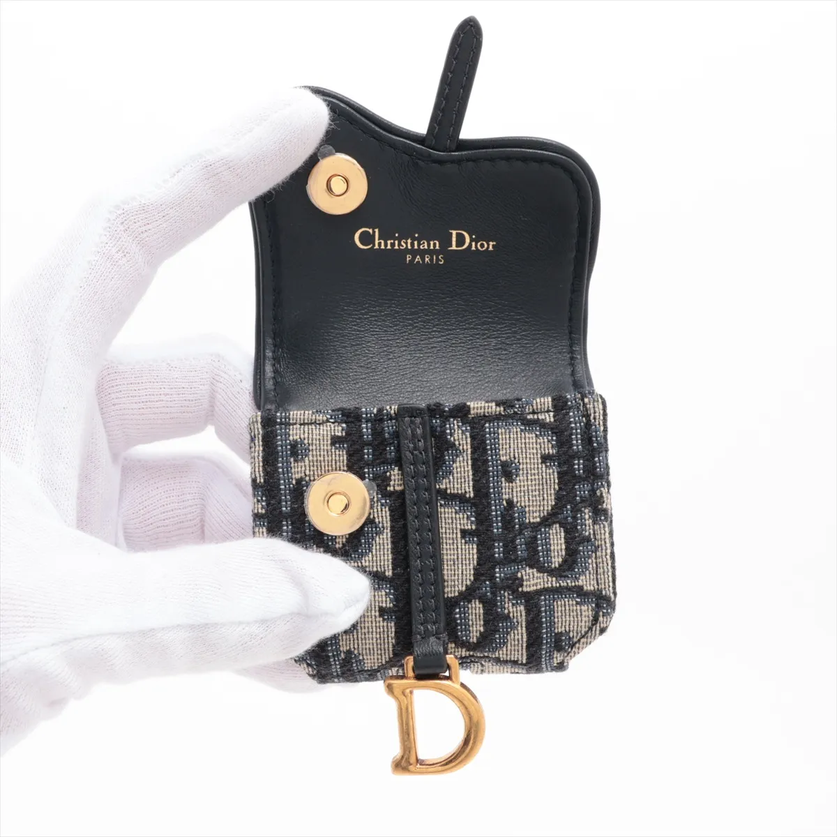 Embossed Oblique Saddle Canvas x Leather Earphone Case, Blue — view 3