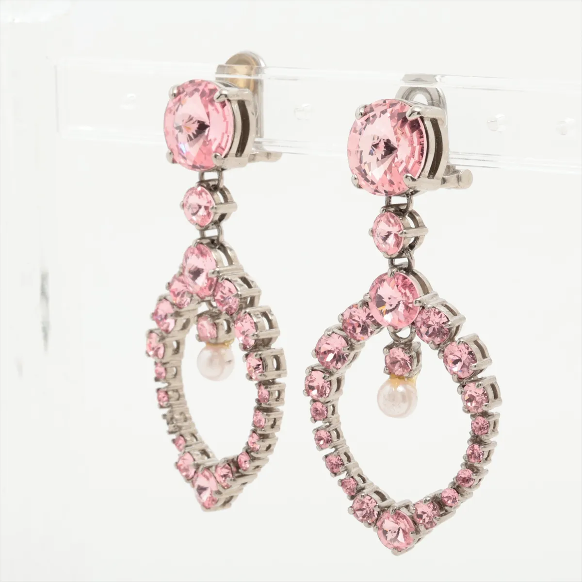 earrings (for both ears), metal and rhinestone, silver. Shows signs of wear, — view 3