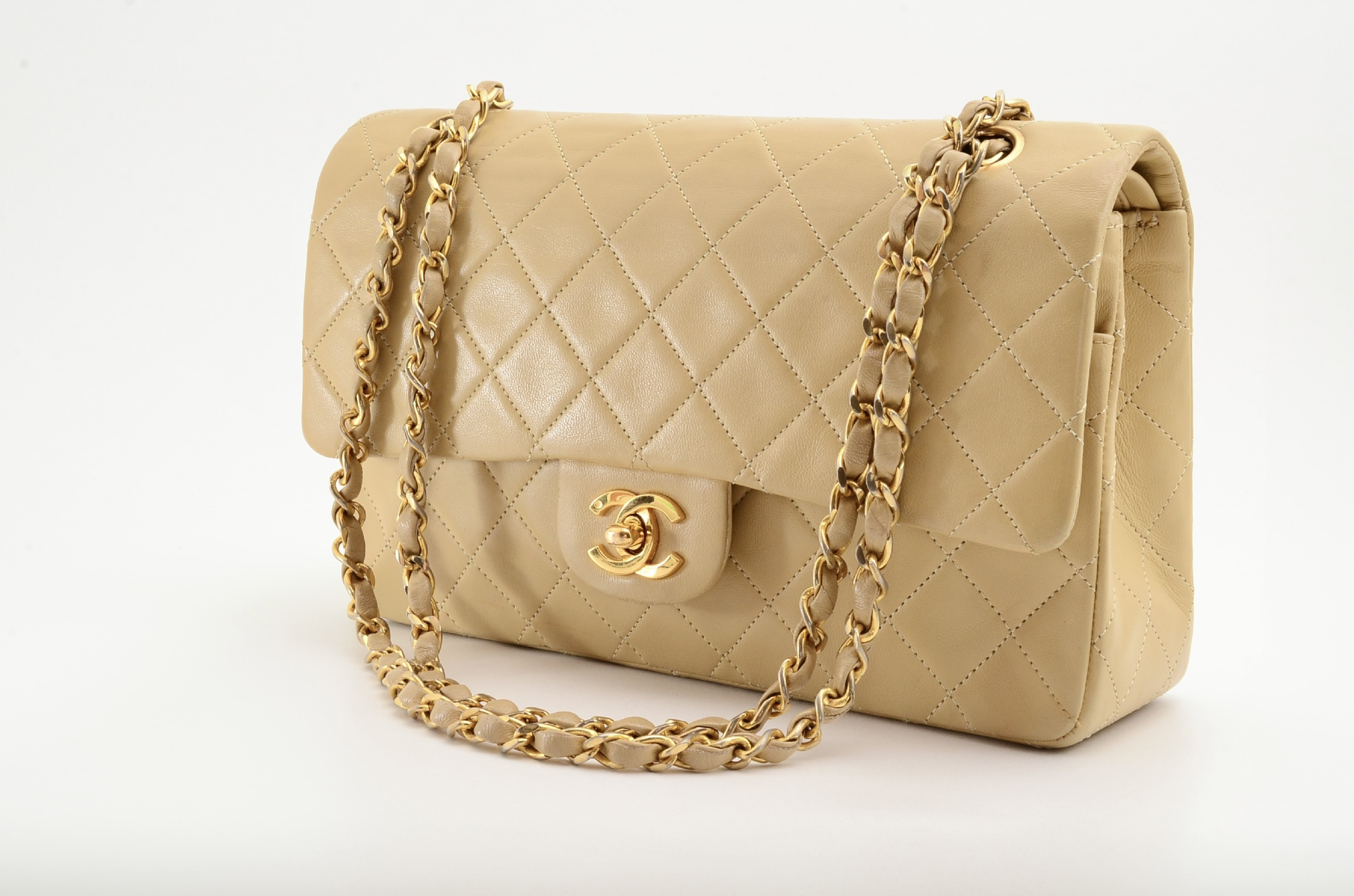 Matelassé Double Flap Chain Shoulder Bag, Beige, Seal 0 Series Shoulder Bag