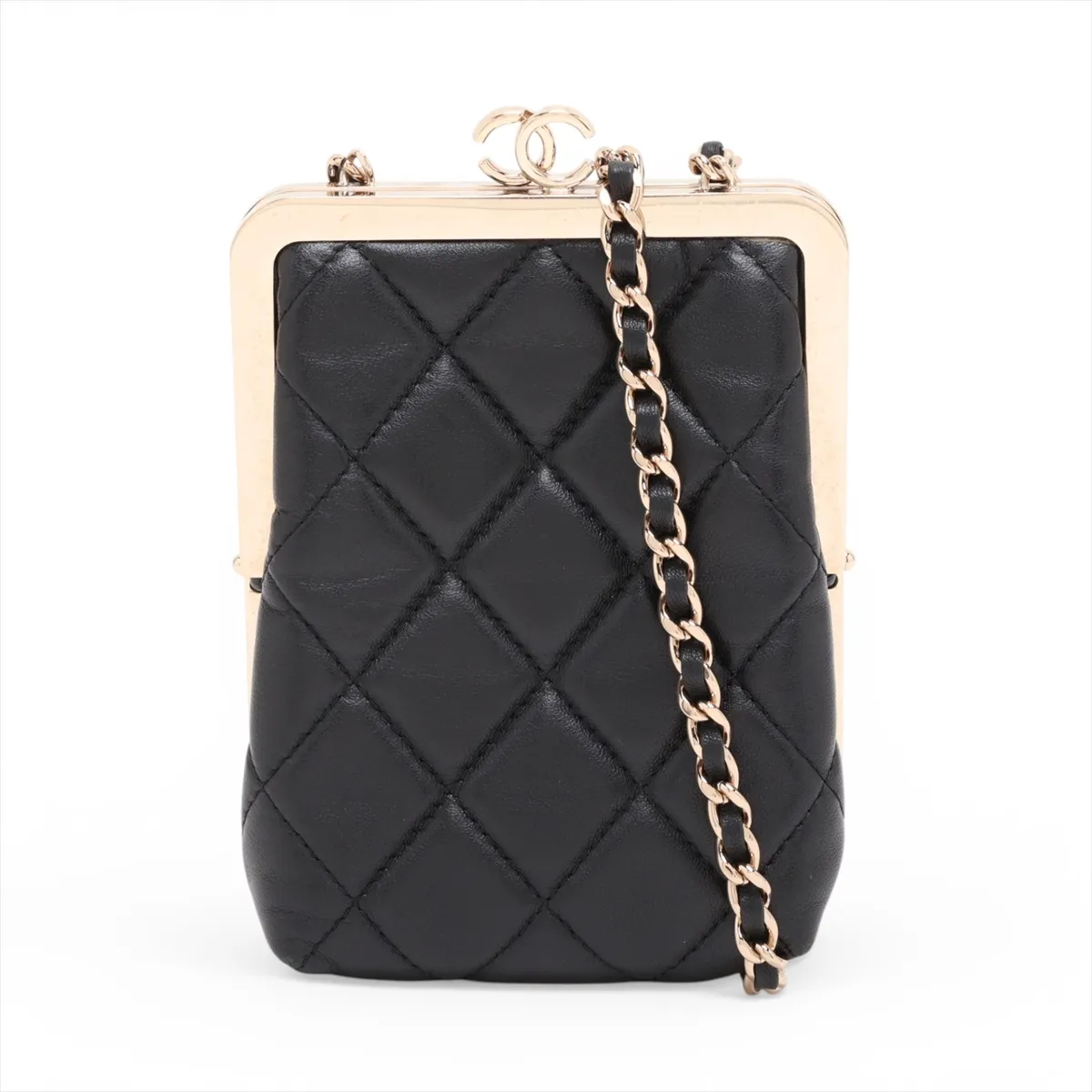 Matelassé Lambskin x Plastic Chain Shoulder Bag, Kiss Closure, Black with Gold Hardware, 31771612, Serial Number 31