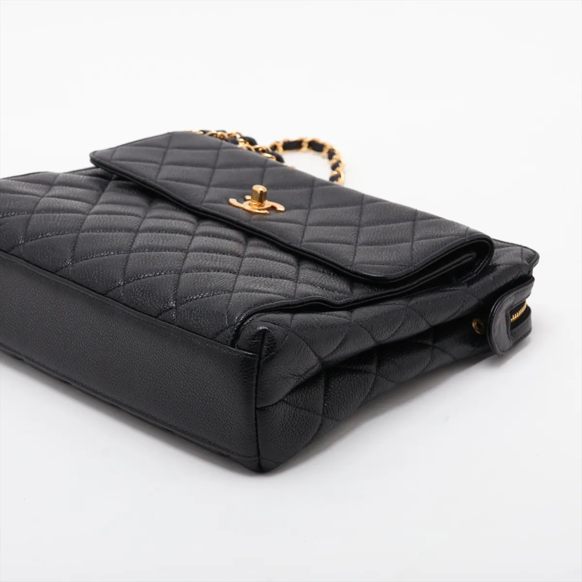 Matelassé Caviar Skin Chain Shoulder Bag, Black with Gold Hardware — view 3