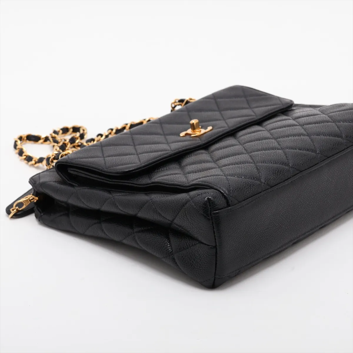 Matelassé Caviar Skin Chain Shoulder Bag, Black with Gold Hardware — view 4