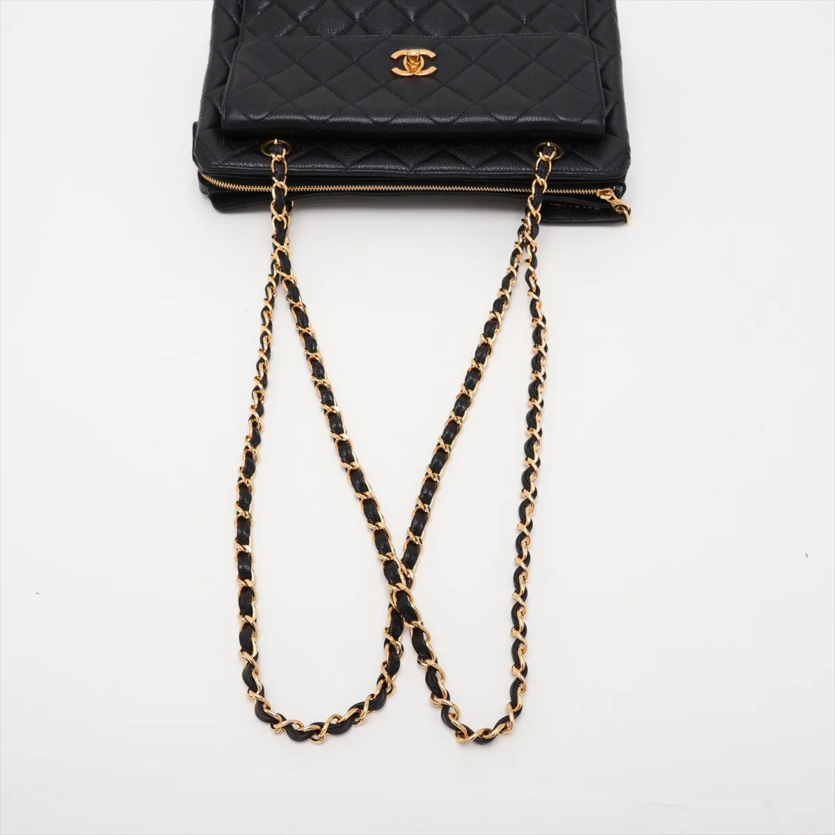 Matelassé Caviar Skin Chain Shoulder Bag, Black with Gold Hardware — view 5