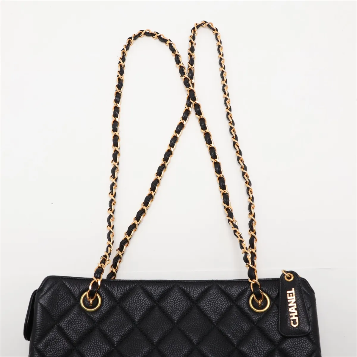 Matelassé Caviar Skin Chain Shoulder Bag, Black with Gold Hardware — view 6