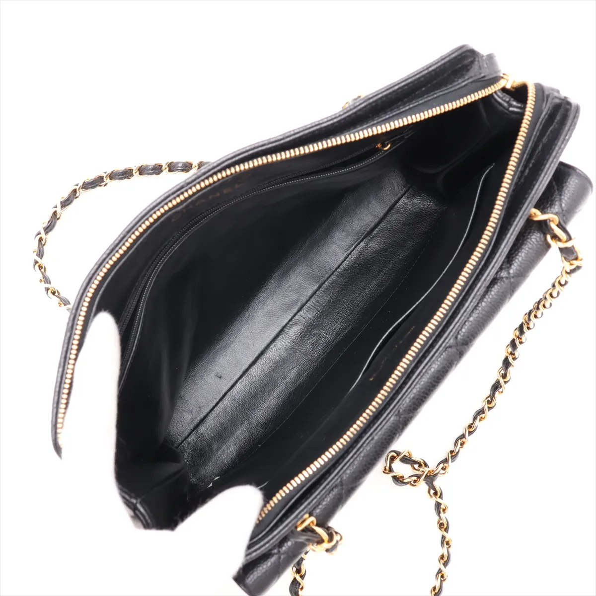 Matelassé Caviar Skin Chain Shoulder Bag, Black with Gold Hardware — view 7