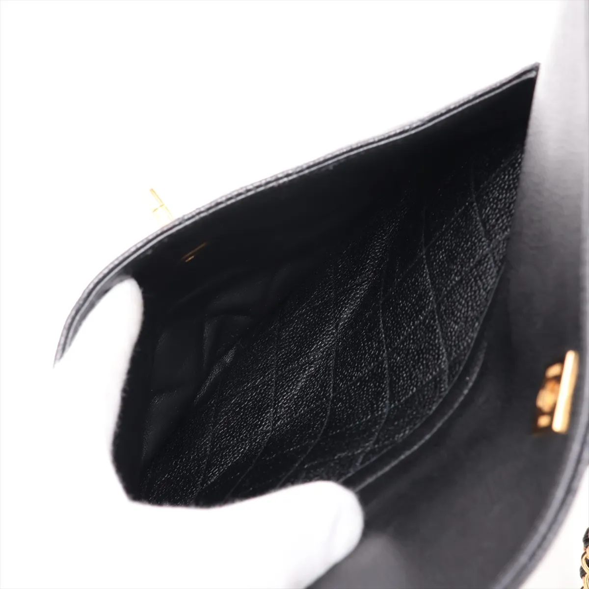 Matelassé Caviar Skin Chain Shoulder Bag, Black with Gold Hardware — view 10