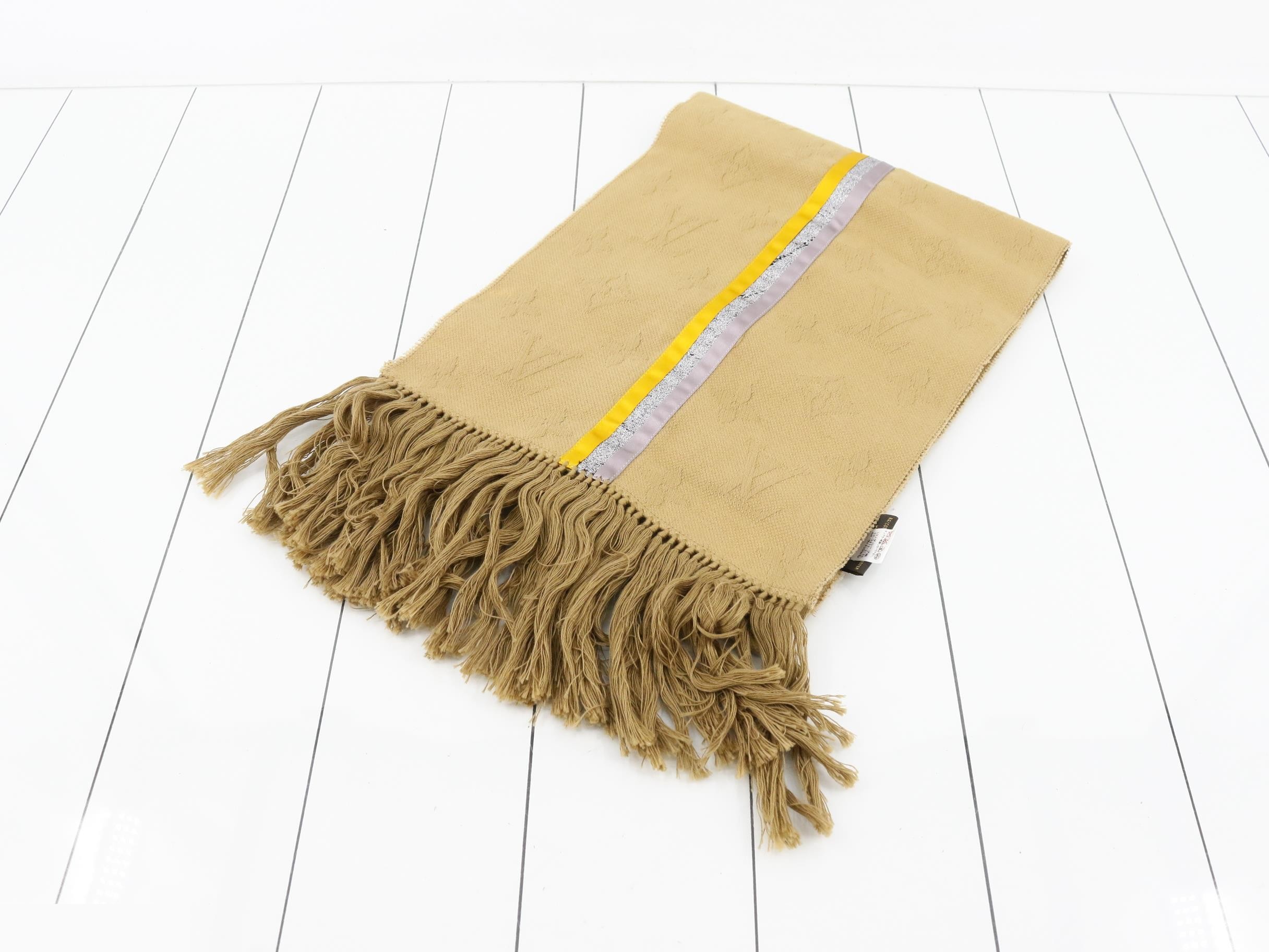 Monogram fringe cotton silk long scarf with domestic tags.