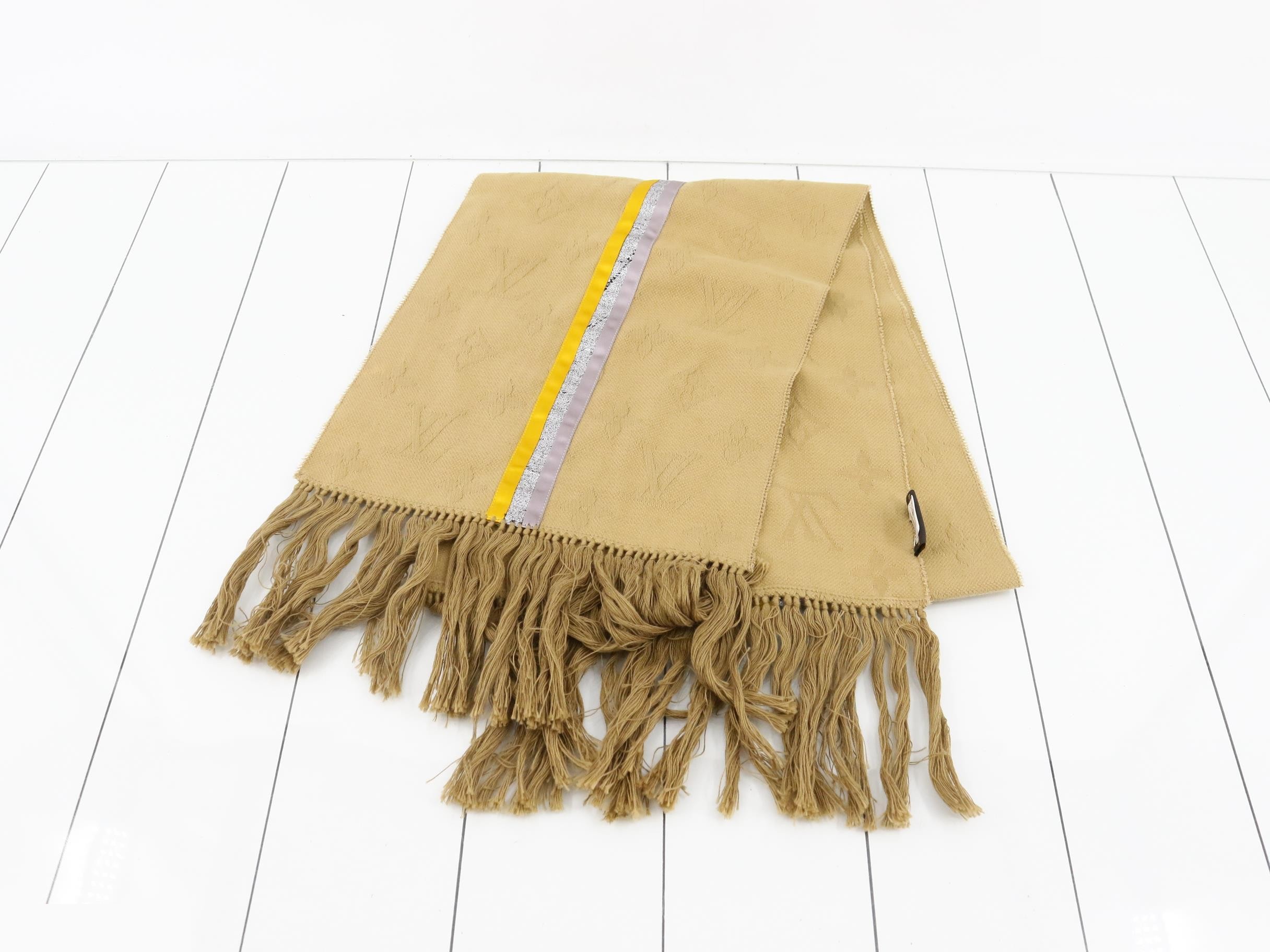 Monogram fringe cotton silk long scarf with domestic tags. — view 2