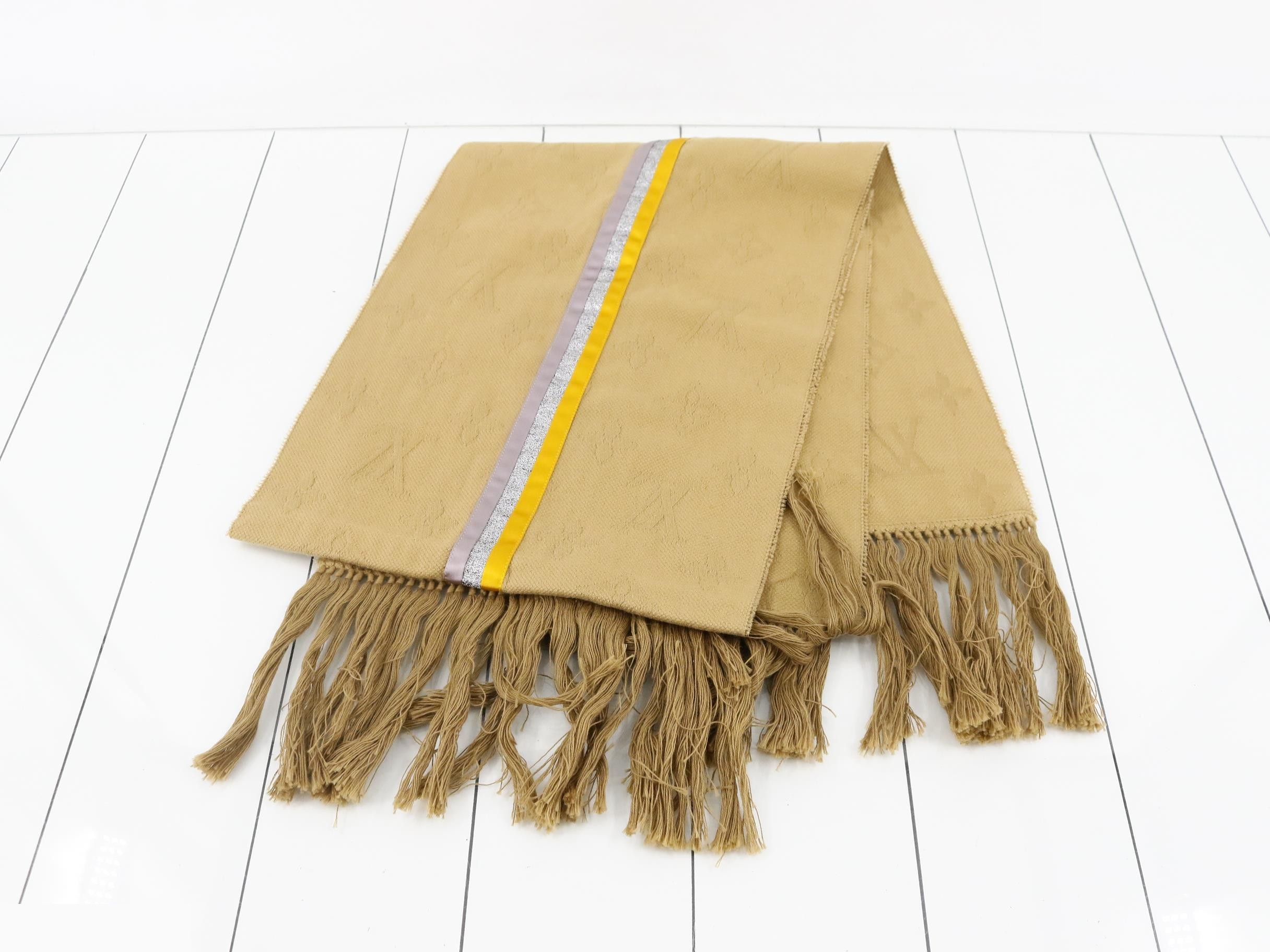 Monogram fringe cotton silk long scarf with domestic tags. — view 3