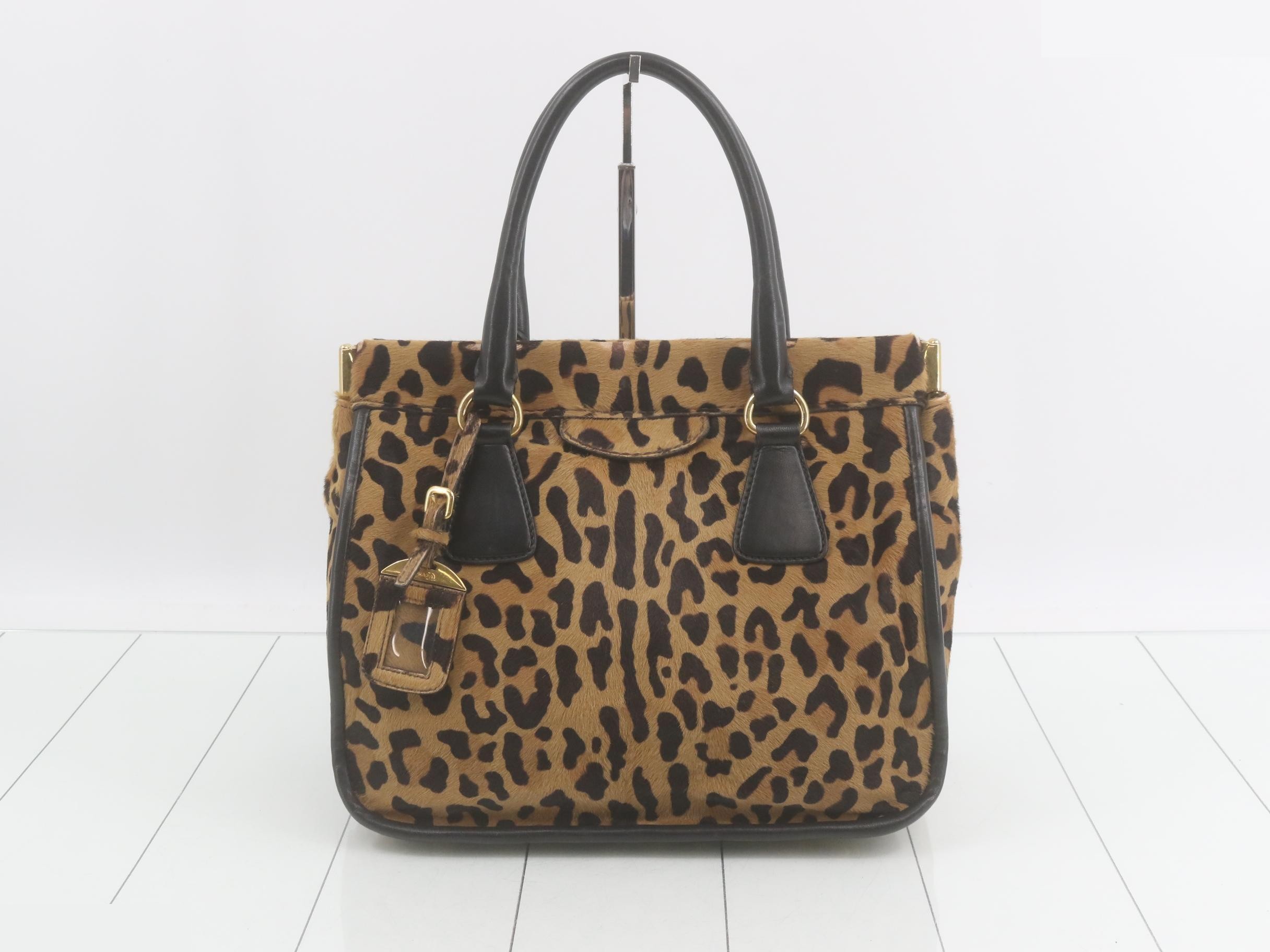 Calf hair leopard print name tag handbag tote bag
