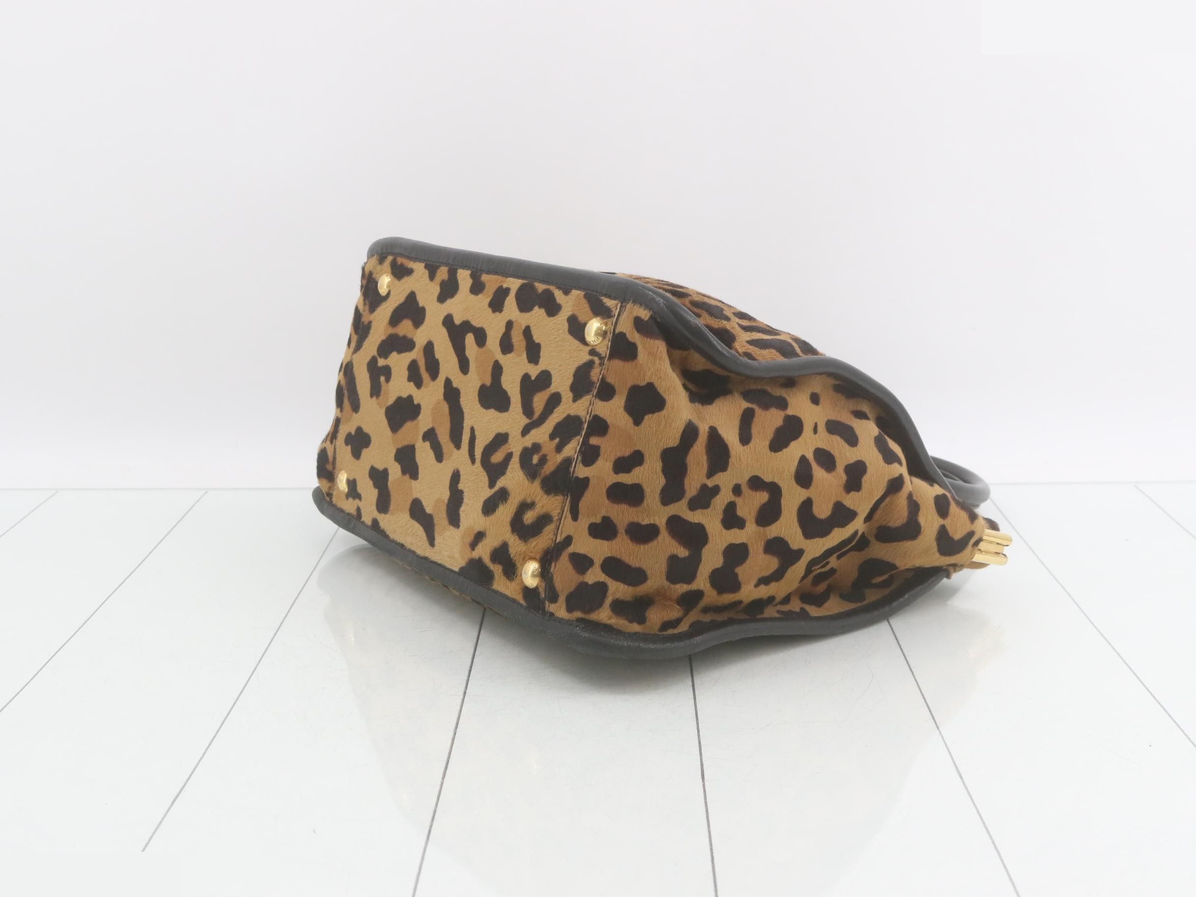 Calf hair leopard print name tag handbag tote bag — view 6