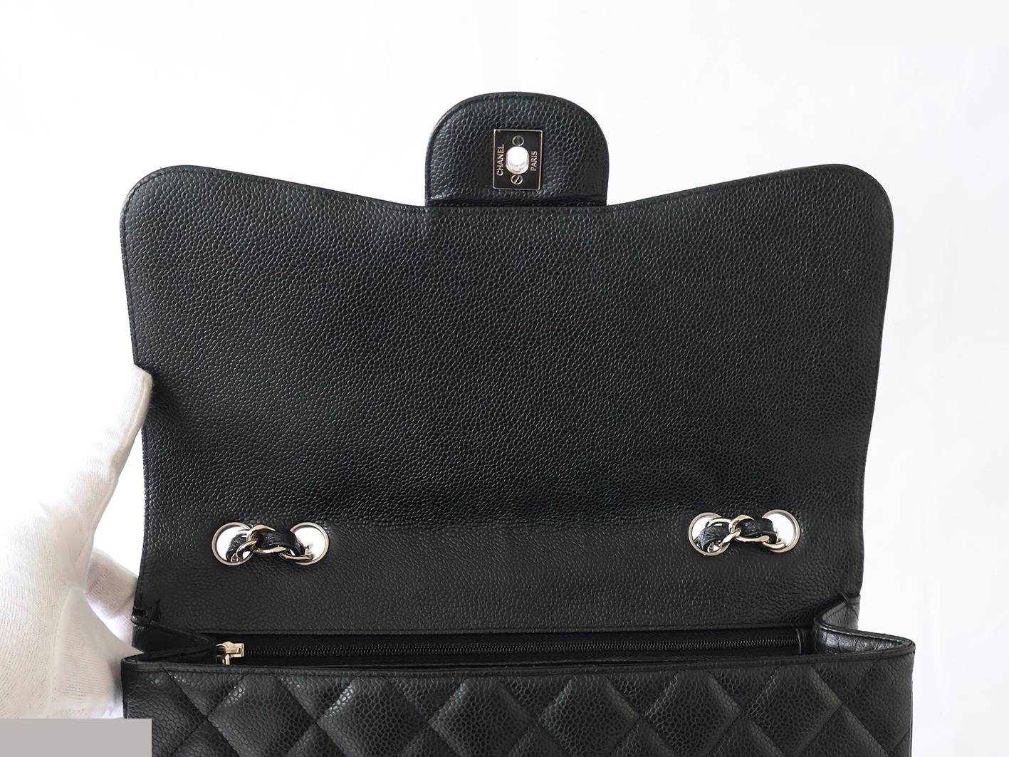 Caviar leather large matelassé double chain shoulder bag, black — view 10