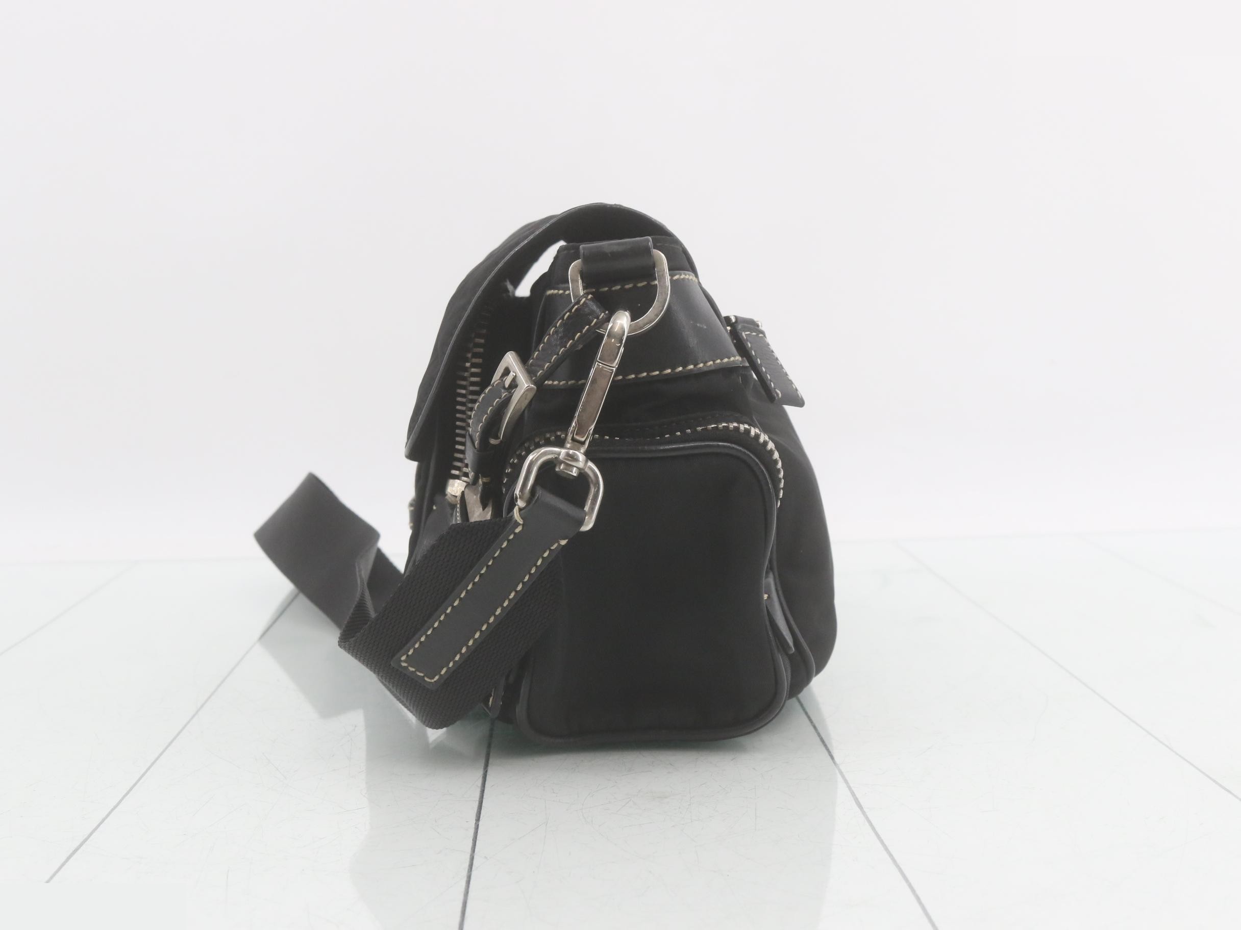 Nylon and leather combination multi-pocket shoulder bag — view 3