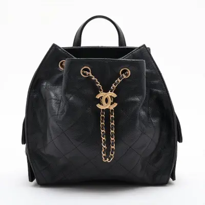 [Individually packaged] Chanel Matelassé Caviar Skin Chain Backpack, Black with Gold Hardware, E9913A57, Random Plate