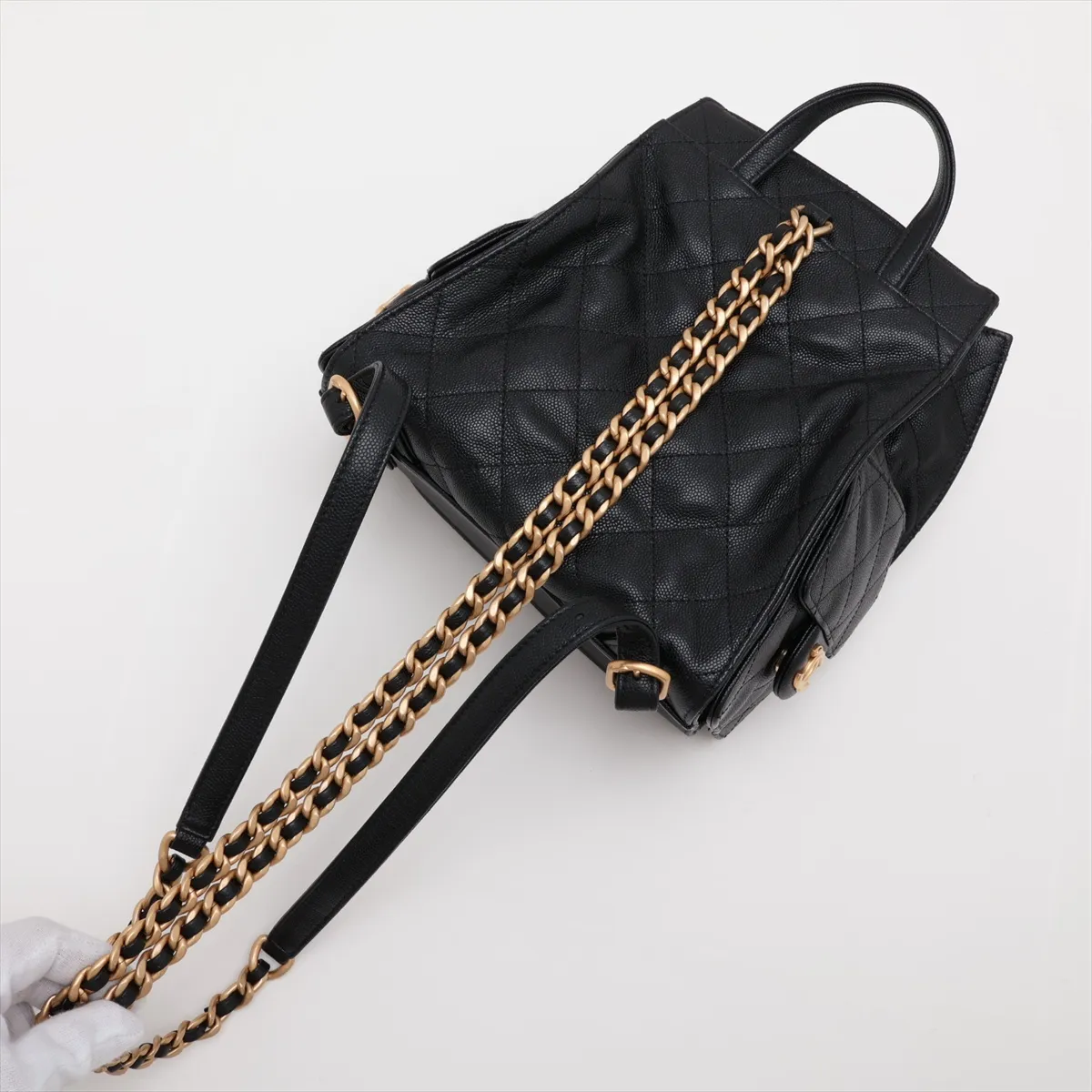 [Individually packaged] Chanel Matelassé Caviar Skin Chain Backpack, Black with Gold Hardware, E9913A57, Random Plate — view 5