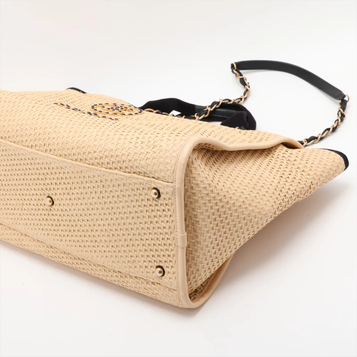 Deauville GM Raffia x Leather 2-Way Tote Bag, Beige x Black, Gold Hardware, 30863089 (Serial Number in the 30s) — view 3