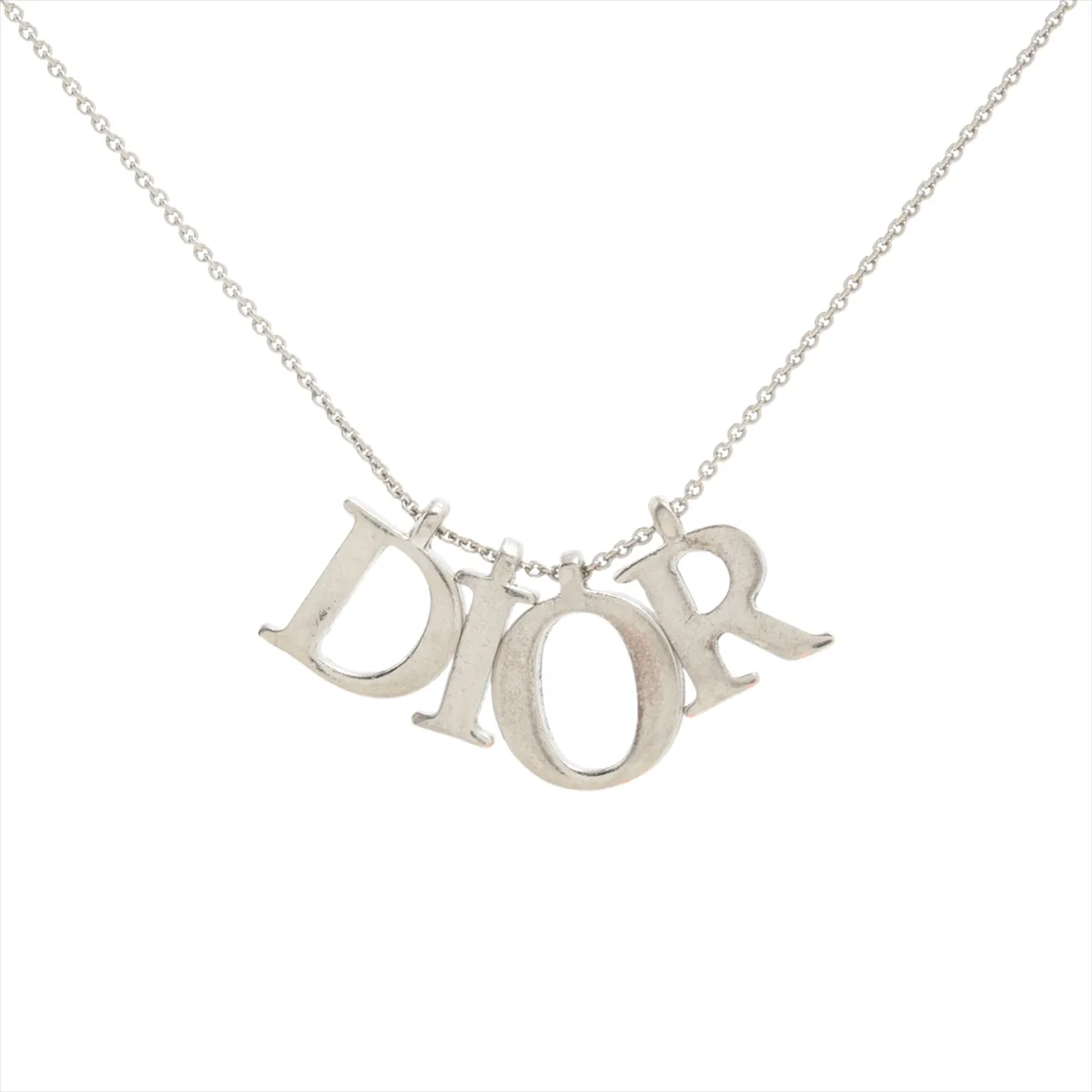 logo necklace, metal, silver. Shows signs of wear,