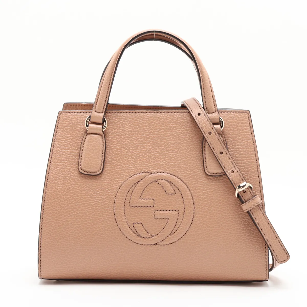 Interlocking G 607722 Leather 2-Way Handbag, Beige, Outlet