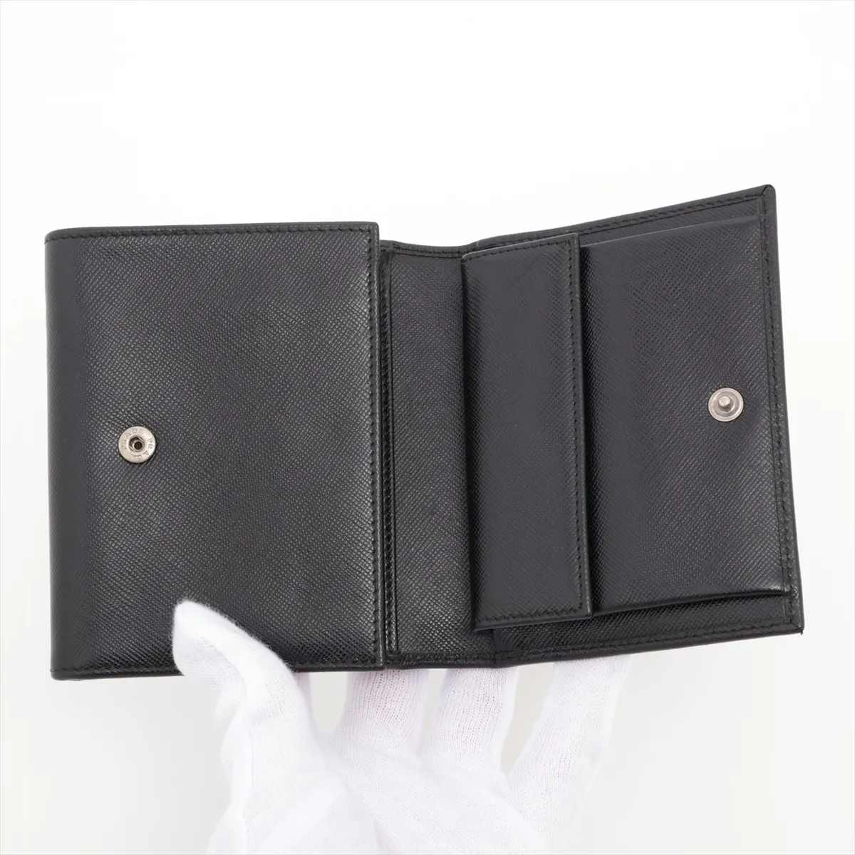 Saffiano Triangle Leather Compact Wallet, Black — view 3