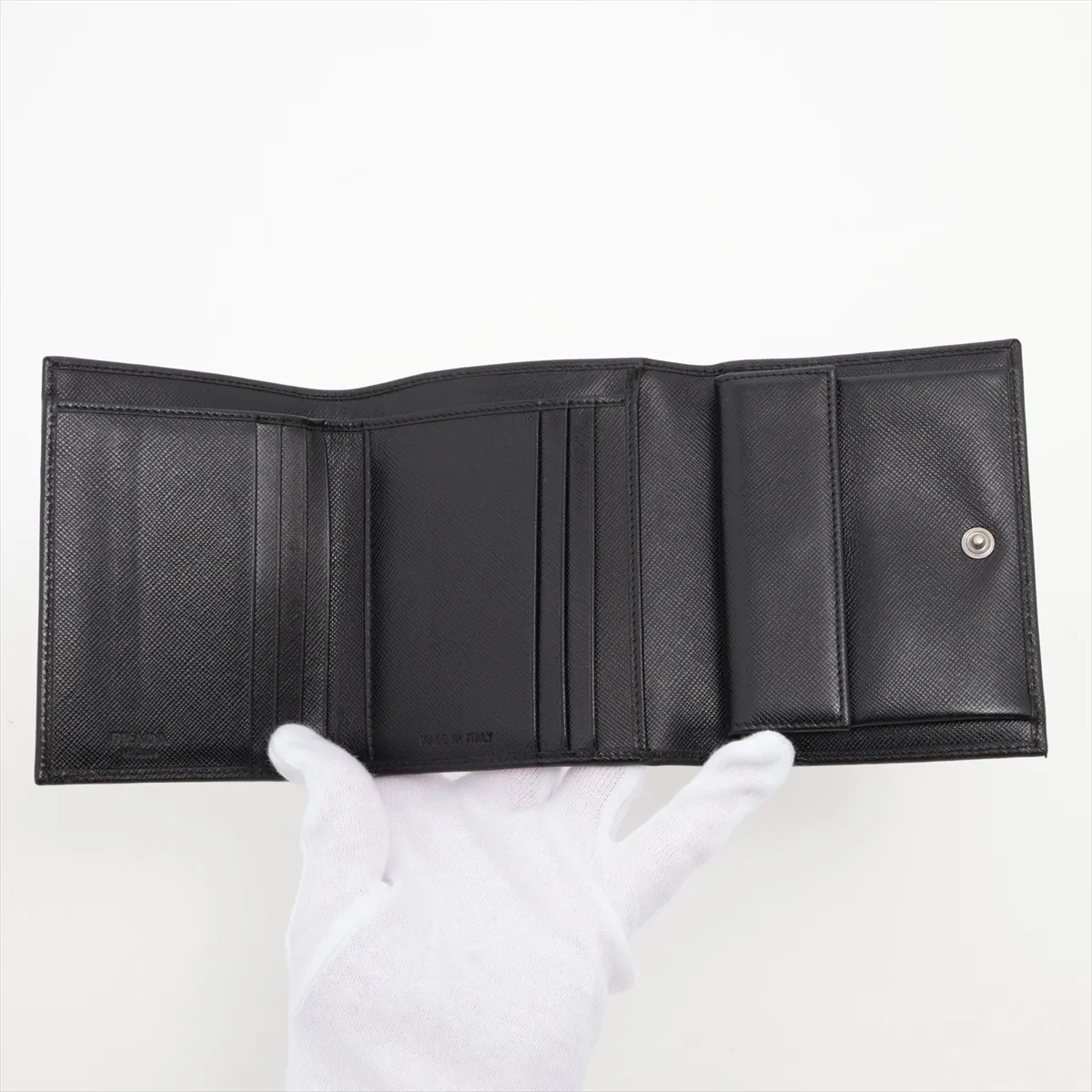 Saffiano Triangle Leather Compact Wallet, Black — view 4