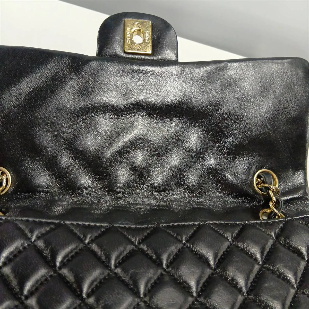 Matelassé Lambskin Single Flap Double Chain Bag Charm, Black with Gold Hardware, 13445225, Serial Number 13 — view 12