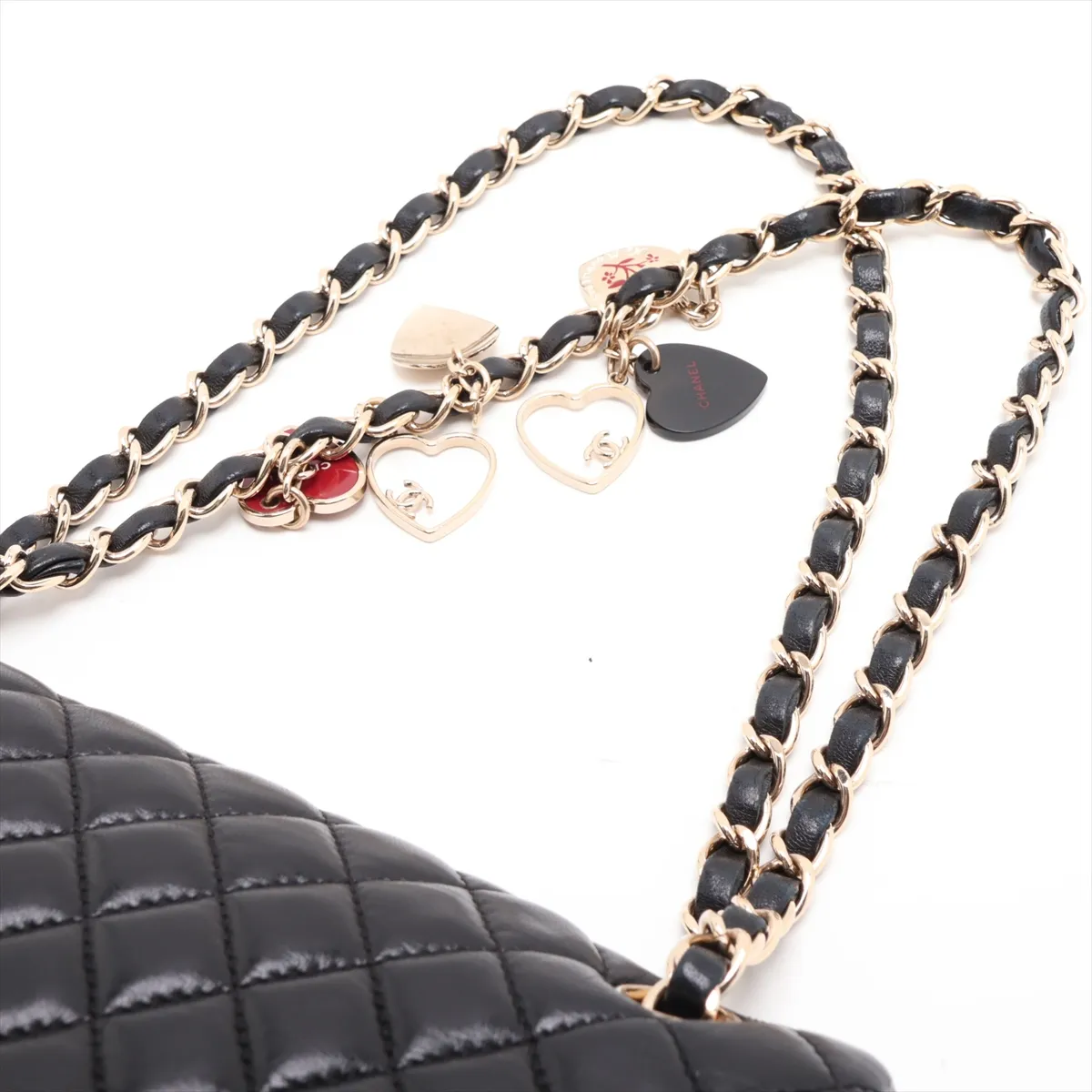 Matelassé Lambskin Single Flap Double Chain Bag Charm, Black with Gold Hardware, 13445225, Serial Number 13 — view 5