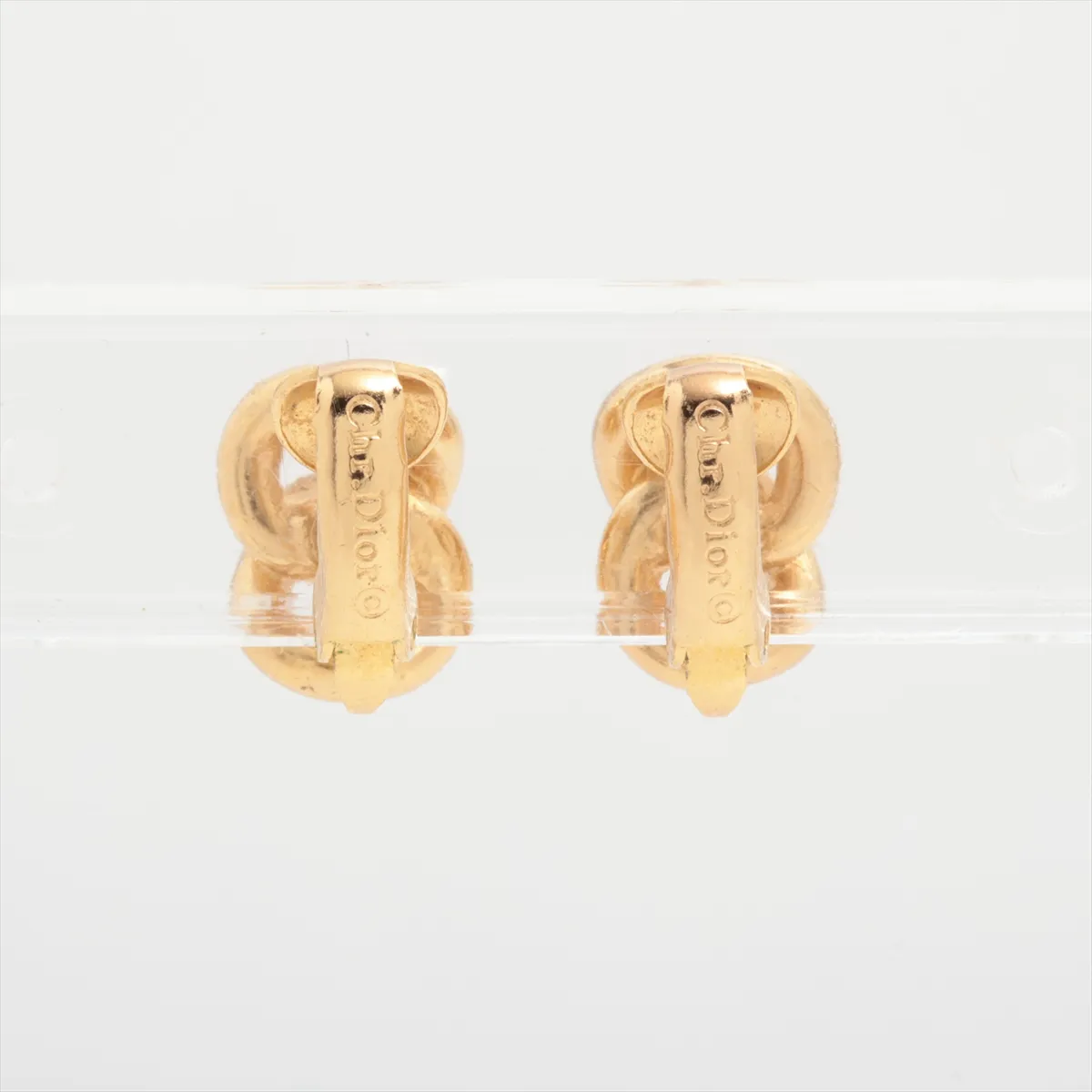 earrings (for both ears), gold plated with rhinestones. Shows signs of wear, including — view 2