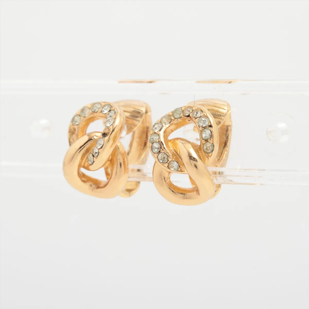 earrings (for both ears), gold plated with rhinestones. Shows signs of wear, including — view 3