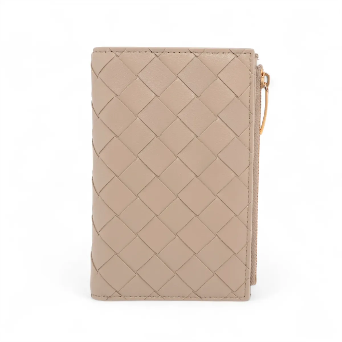 Intrecciato Leather Compact Wallet Beige